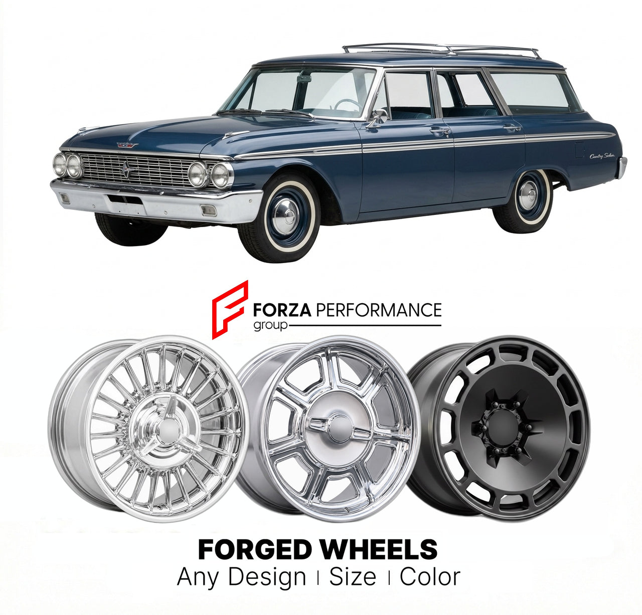 CUSTOM CLASSIC VINTAGE RESTOMOD RETRO OLD SCHOOL FORGED WHEELS RIMS for FORD COUNTRY SEDAN 1962 - 1974
Custom forged wheels for classic American muscle cars. Ideal for restomod builds, vintage restorations, and show cars. Deep dish and retro styling available.

We manufacture premium quality forged wheels rims for Ford Country Sedan 1962 - 1974 in any design, size, color.

THIS WHEEL DESIGN CAN BE CUSTOM-MADE FOR YOUR CAR IN ANY SIZE AND COLOR OPTIONS
Available in monoblock, 2-piece, 3-piece, duoblock, bead