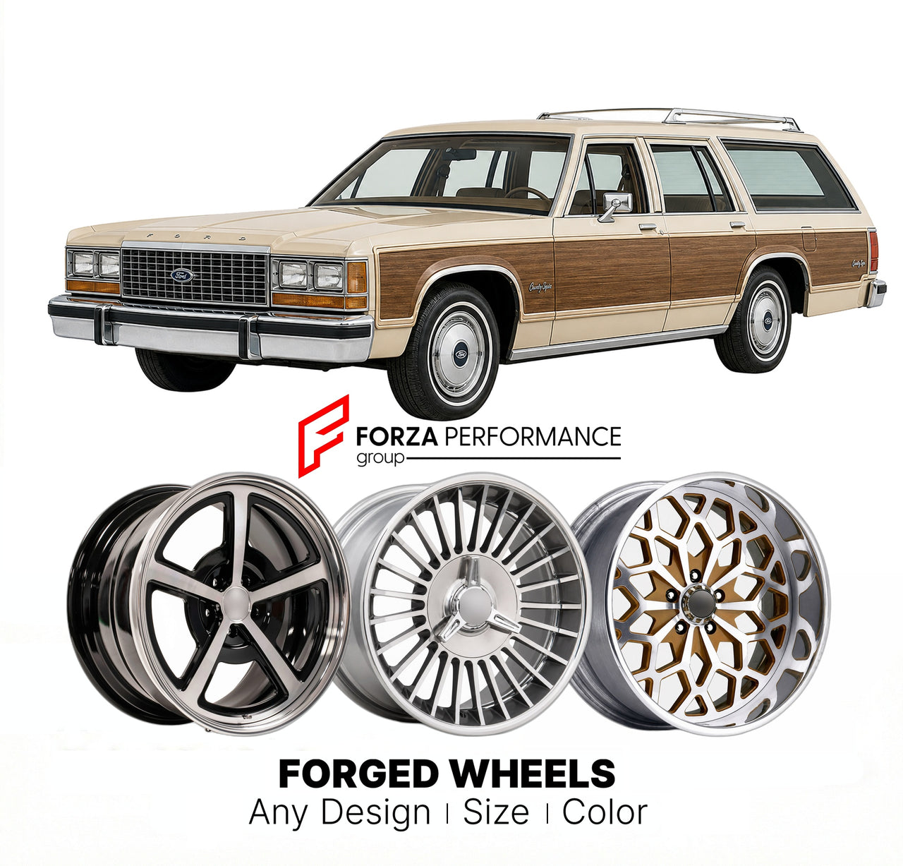 CUSTOM CLASSIC VINTAGE RESTOMOD RETRO OLD SCHOOL FORGED WHEELS RIMS for FORD COUNTRY SQUIRE 1958 - 1990
Custom forged wheels for classic American muscle cars. Ideal for restomod builds, vintage restorations, and show cars. Deep dish and retro styling available.

We manufacture premium quality forged wheels rims for Ford Country Squire 1958 - 1990 in any design, size, color.

THIS WHEEL DESIGN CAN BE CUSTOM-MADE FOR YOUR CAR IN ANY SIZE AND COLOR OPTIONS
Available in monoblock, 2-piece, 3-piece, duoblock, be