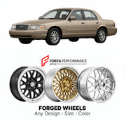 FORGED WHEELS RIMS for FORD CROWN VICTORIA 1998 - 2011

Custom forged wheels for Ford Crown Victoria 1998 - 2011. Made-to-order monoblock, 2-piece and 3-piece rims in custom sizes, offsets, colors and finishes with guaranteed fitment.

We manufacture premium quality forged wheels rims for Ford Crown Victoria 1998 - 2011 in any design, size, color.

THIS WHEEL DESIGN CAN BE CUSTOM-MADE FOR YOUR CAR IN ANY SIZE AND COLOR OPTIONS
Available in monoblock, 2-piece, 3-piece, duoblock, beadlock
3D wheel renderings 