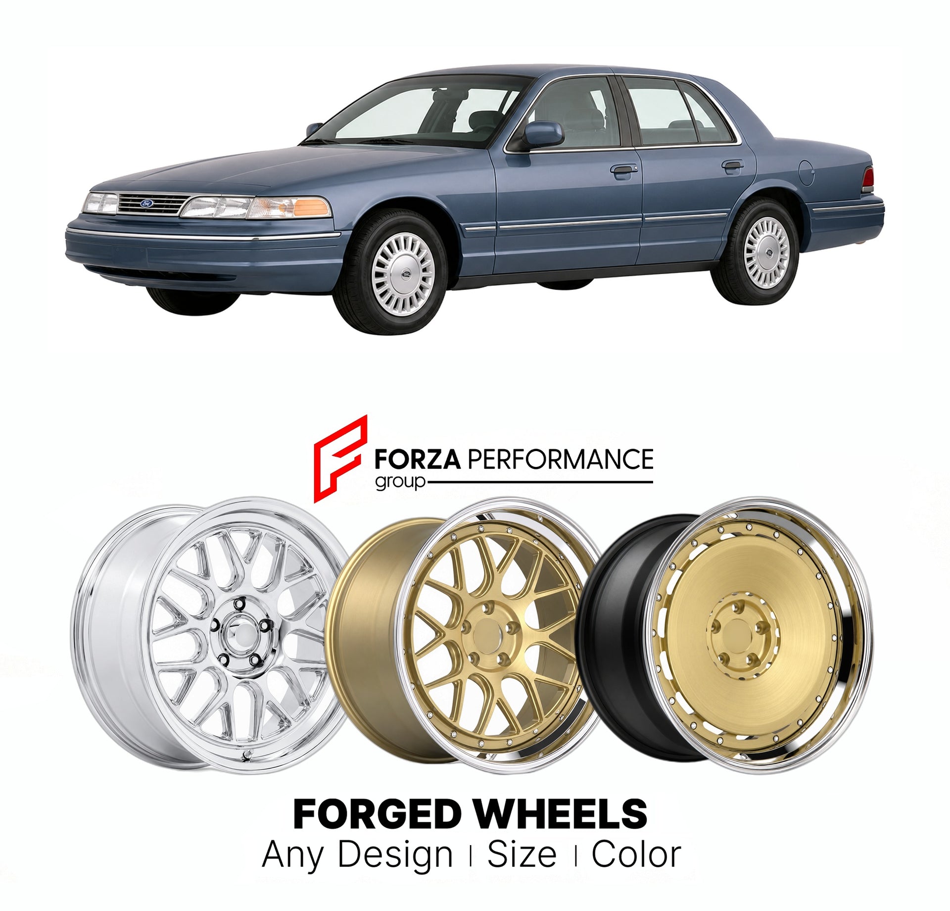 FORGED WHEELS RIMS for FORD CROWN VICTORIA LX SPORT PANTHER PLATFORM 1992 - 2011

Custom forged wheels for Ford Crown Victoria LX Sport Panther Platform 1992 - 2011. Made-to-order monoblock, 2-piece and 3-piece rims in custom sizes, offsets, colors and finishes with guaranteed fitment.

We manufacture premium quality forged wheels rims for Ford Crown Victoria LX Sport Panther Platform 1992 - 2011 in any design, size, color.

THIS WHEEL DESIGN CAN BE CUSTOM-MADE FOR YOUR CAR IN ANY SIZE AND COLOR OPTIONS
Ava