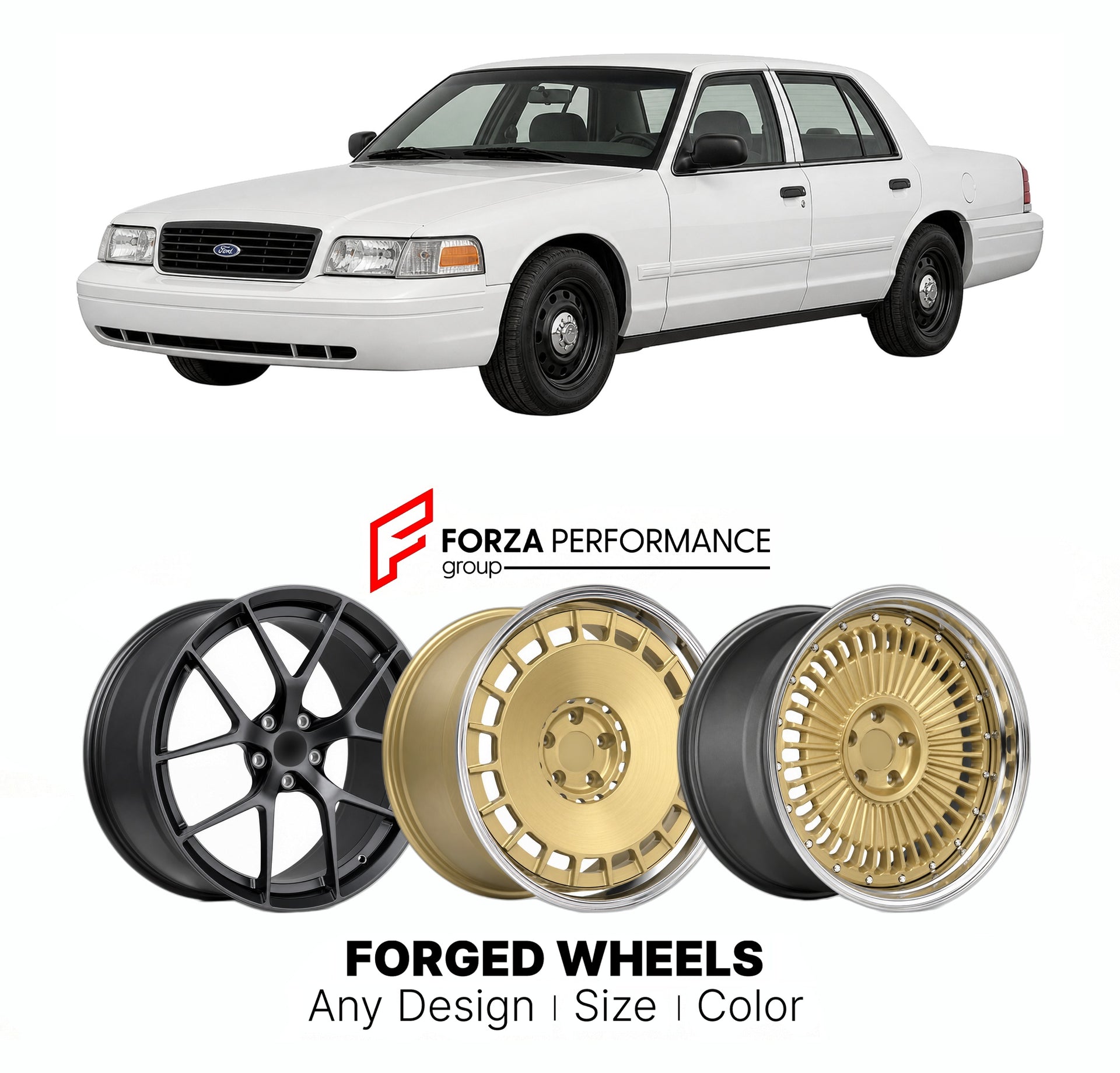 FORGED WHEELS RIMS for FORD CROWN VICTORIA P71 PANTHER PLATFORM 1992 - 2011

Custom forged wheels for Ford Crown Victoria P71 Panther Platform 1992 - 2011. Made-to-order monoblock, 2-piece and 3-piece rims in custom sizes, offsets, colors and finishes with guaranteed fitment.

We manufacture premium quality forged wheels rims for Ford Crown Victoria P71 Panther Platform 1992 - 2011 in any design, size, color.

THIS WHEEL DESIGN CAN BE CUSTOM-MADE FOR YOUR CAR IN ANY SIZE AND COLOR OPTIONS
Available in monob