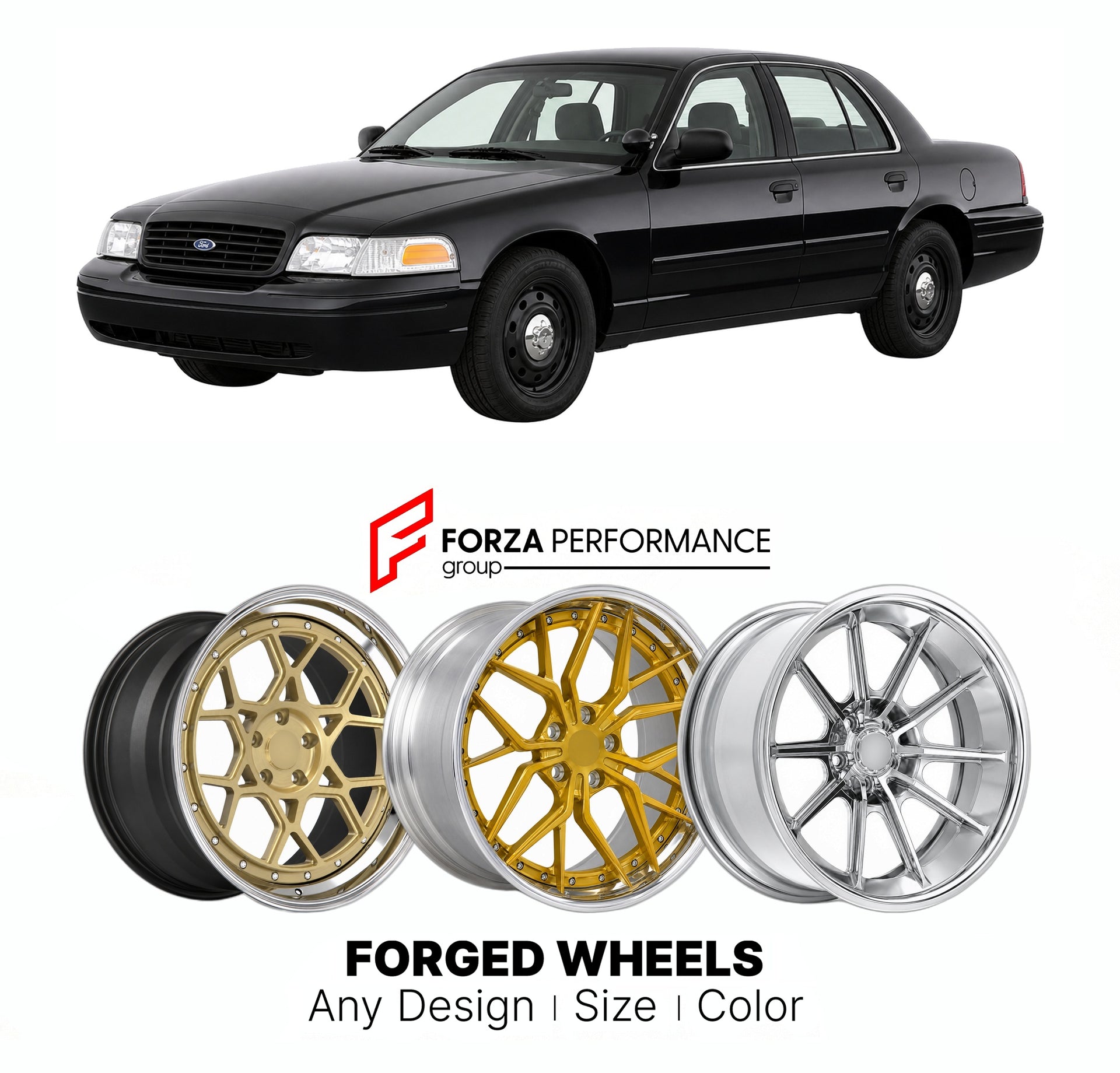 FORGED WHEELS RIMS for FORD CROWN VICTORIA POLICE INTERCEPTOR PANTHER PLATFORM 1992 - 2011

Custom forged wheels for Ford Crown Victoria Police Interceptor Panther Platform 1992 - 2011. Made-to-order monoblock, 2-piece and 3-piece rims in custom sizes, offsets, colors and finishes with guaranteed fitment.

We manufacture premium quality forged wheels rims for Ford Crown Victoria Police Interceptor Panther Platform 1992 - 2011 in any design, size, color.

THIS WHEEL DESIGN CAN BE CUSTOM-MADE FOR YOUR CAR IN 