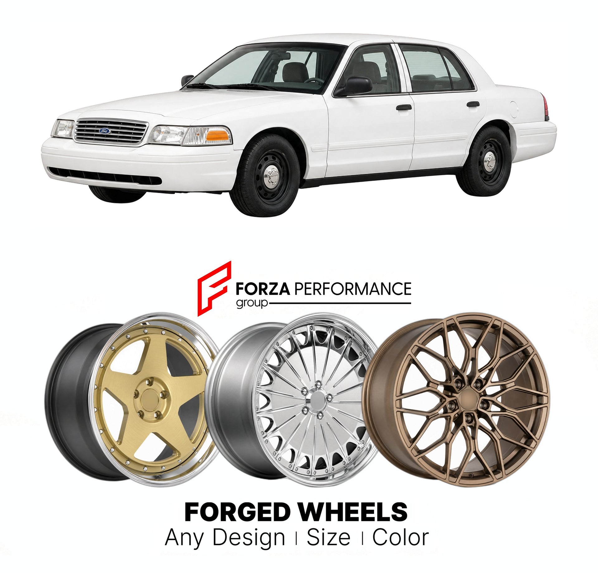 FORGED WHEELS RIMS for FORD CROWN VICTORIA TAXI PACKAGE PANTHER PLATFORM 1992 - 2011

Custom forged wheels for Ford Crown Victoria Taxi Package Panther Platform 1992 - 2011. Made-to-order monoblock, 2-piece and 3-piece rims in custom sizes, offsets, colors and finishes with guaranteed fitment.

We manufacture premium quality forged wheels rims for Ford Crown Victoria Taxi Package Panther Platform 1992 - 2011 in any design, size, color.

THIS WHEEL DESIGN CAN BE CUSTOM-MADE FOR YOUR CAR IN ANY SIZE AND COLOR