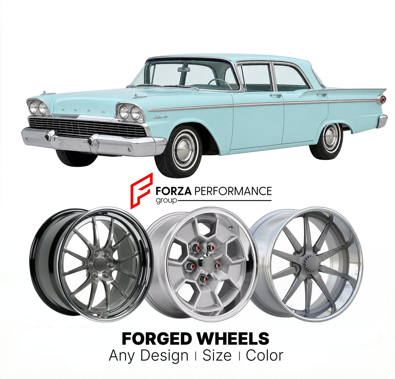 CUSTOM CLASSIC VINTAGE RESTOMOD RETRO OLD SCHOOL FORGED WHEELS RIMS for FORD CUSTOM 300 1958 - 1959
Custom forged wheels for classic American muscle cars. Ideal for restomod builds, vintage restorations, and show cars. Deep dish and retro styling available.

We manufacture premium quality forged wheels rims for Ford Custom 300 1958 - 1959 in any design, size, color.

THIS WHEEL DESIGN CAN BE CUSTOM-MADE FOR YOUR CAR IN ANY SIZE AND COLOR OPTIONS
Available in monoblock, 2-piece, 3-piece, duoblock, beadlock
3