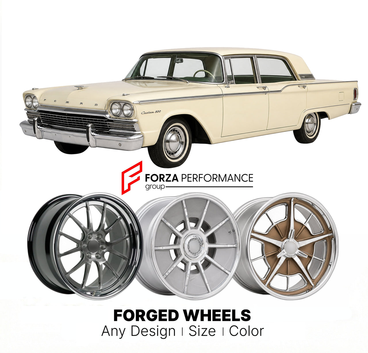 CUSTOM CLASSIC VINTAGE RESTOMOD RETRO OLD SCHOOL FORGED WHEELS RIMS for FORD CUSTOM 500 1958 - 1979
Custom forged wheels for classic American muscle cars. Ideal for restomod builds, vintage restorations, and show cars. Deep dish and retro styling available.

We manufacture premium quality forged wheels rims for Ford Custom 500 1958 - 1979 in any design, size, color.

THIS WHEEL DESIGN CAN BE CUSTOM-MADE FOR YOUR CAR IN ANY SIZE AND COLOR OPTIONS
Available in monoblock, 2-piece, 3-piece, duoblock, beadlock
3
