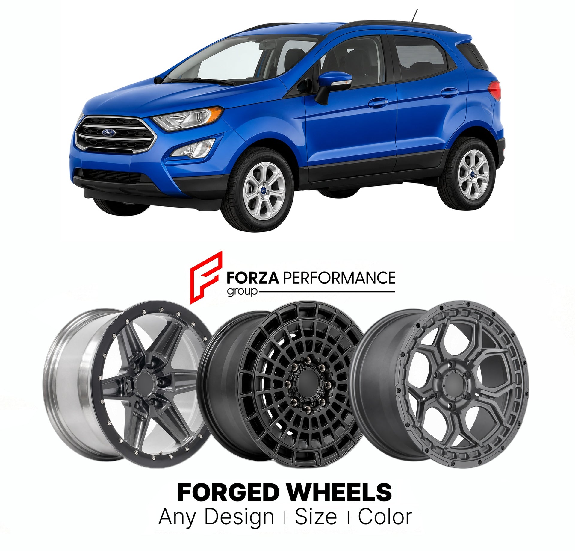 FORGED WHEELS RIMS for FORD ECOSPORT SE US MARKET 2018 - 2022

Custom forged wheels for Ford EcoSport SE US Market 2018 - 2022. Made-to-order monoblock, 2-piece and 3-piece rims in custom sizes, offsets, colors and finishes with guaranteed fitment.

We manufacture premium quality forged wheels rims for Ford EcoSport SE US Market 2018 - 2022 in any design, size, color.

THIS WHEEL DESIGN CAN BE CUSTOM-MADE FOR YOUR CAR IN ANY SIZE AND COLOR OPTIONS
Available in monoblock, 2-piece, 3-piece, duoblock, beadlock