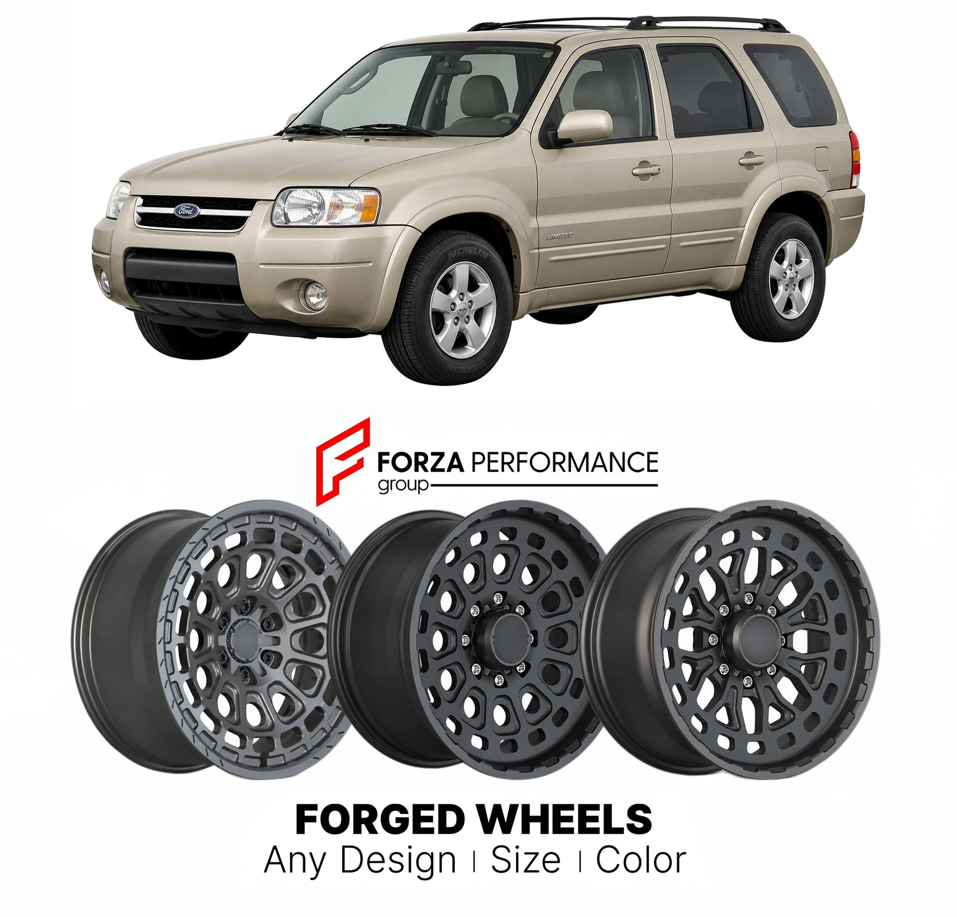 FORGED WHEELS RIMS for FORD ESCAPE LIMITED 2001+

Custom forged wheels for Ford Escape Limited 2001+. Made-to-order monoblock, 2-piece and 3-piece rims in custom sizes, offsets, colors and finishes with guaranteed fitment.

We manufacture premium quality forged wheels rims for Ford Escape Limited 2001+ in any design, size, color.

THIS WHEEL DESIGN CAN BE CUSTOM-MADE FOR YOUR CAR IN ANY SIZE AND COLOR OPTIONS
Available in monoblock, 2-piece, 3-piece, duoblock, beadlock
3D wheel renderings are provided accor