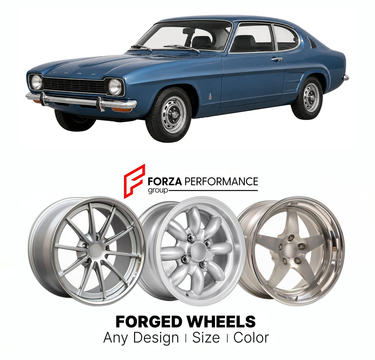 CUSTOM CLASSIC VINTAGE RESTOMOD RETRO OLD SCHOOL FORGED WHEELS RIMS for FORD EUROPE CAPRI MK 1 1968 - 1974

Custom forged wheels for Ford Europe Capri MK 1 1968 - 1974. Classic, vintage, restomod wheel designs made to order in custom sizes, offsets, colors and finishes.

We manufacture premium quality forged wheels rims for Ford Europe Capri MK 1 1968 - 1974 in any design, size, color.

THIS WHEEL DESIGN CAN BE CUSTOM-MADE FOR YOUR CAR IN ANY SIZE AND COLOR OPTIONS
Available in monoblock, 2-piece, 3-piece, 