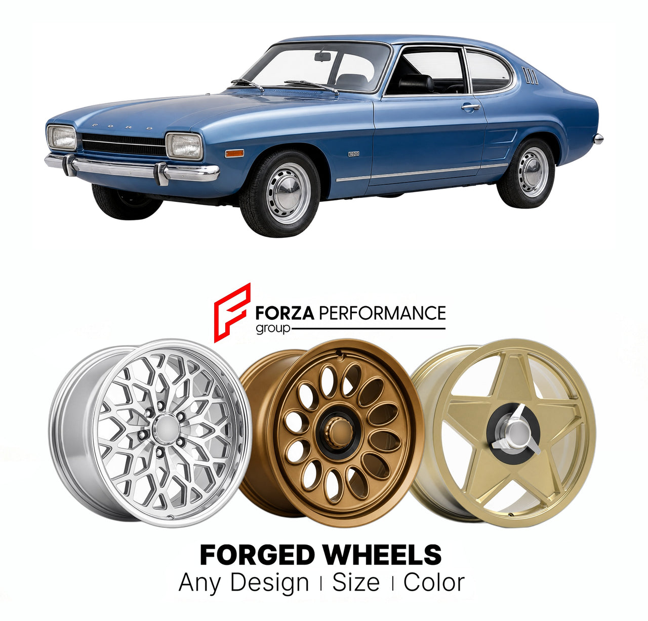CUSTOM CLASSIC VINTAGE RESTOMOD RETRO OLD SCHOOL FORGED WHEELS RIMS for FORD EUROPE CAPRI MK 2 1974 - 1978

Custom forged wheels for Ford Europe Capri MK 2 1974 - 1978. Classic, vintage, restomod wheel designs made to order in custom sizes, offsets, colors and finishes.

We manufacture premium quality forged wheels rims for Ford Europe Capri MK 2 1974 - 1978 in any design, size, color.

THIS WHEEL DESIGN CAN BE CUSTOM-MADE FOR YOUR CAR IN ANY SIZE AND COLOR OPTIONS
Available in monoblock, 2-piece, 3-piece, 