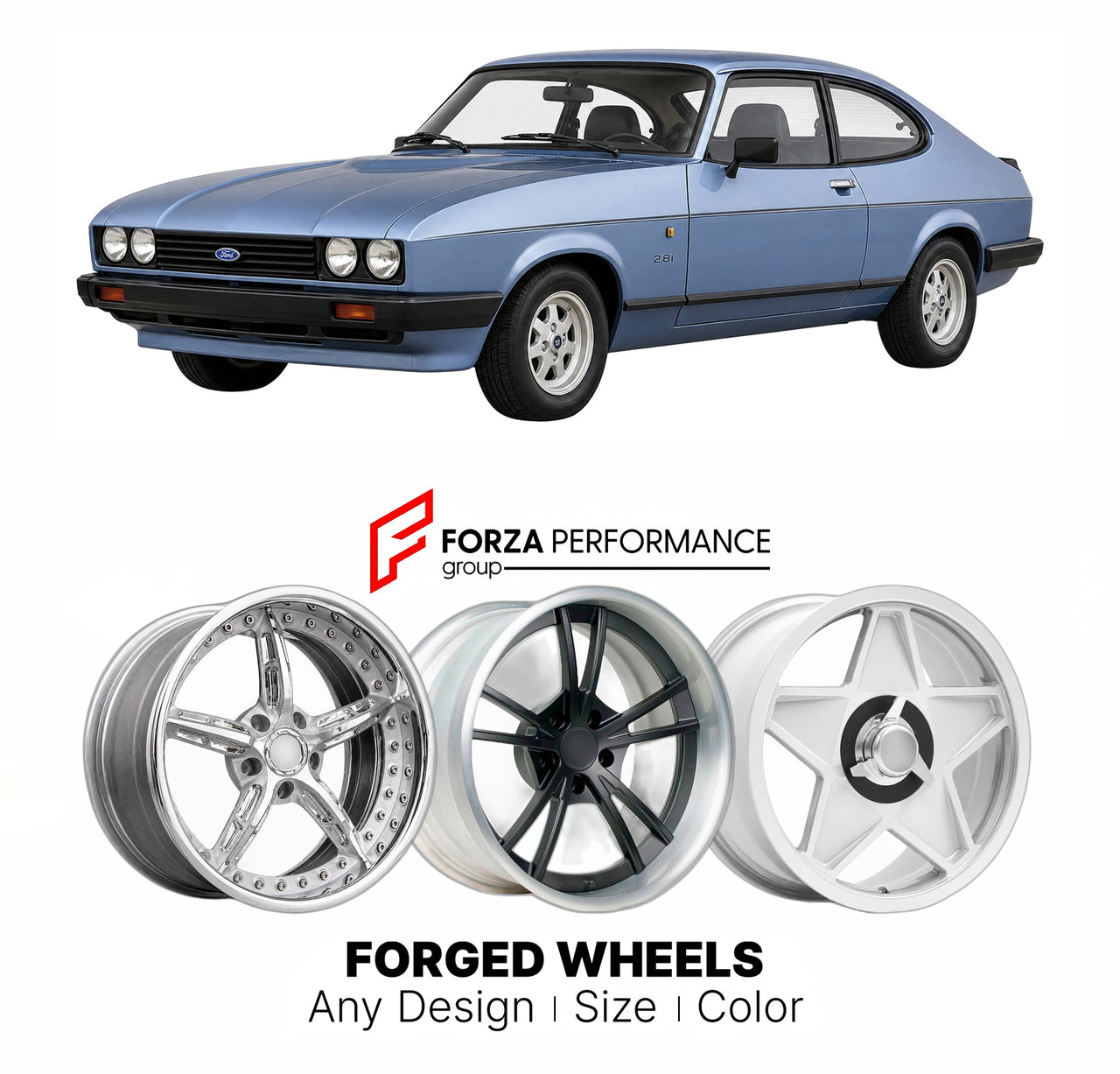 CUSTOM CLASSIC VINTAGE RESTOMOD RETRO OLD SCHOOL FORGED WHEELS RIMS for FORD EUROPE CAPRI MK 3 1978 - 1986

Custom forged wheels for Ford Europe Capri MK 3 1978 - 1986. Classic, vintage, restomod wheel designs made to order in custom sizes, offsets, colors and finishes.

We manufacture premium quality forged wheels rims for Ford Europe Capri MK 3 1978 - 1986 in any design, size, color.

THIS WHEEL DESIGN CAN BE CUSTOM-MADE FOR YOUR CAR IN ANY SIZE AND COLOR OPTIONS
Available in monoblock, 2-piece, 3-piece, 