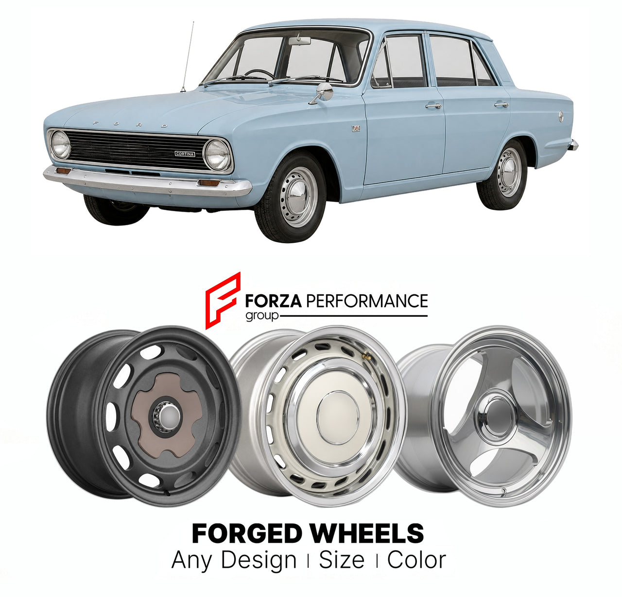 CUSTOM CLASSIC VINTAGE RESTOMOD RETRO OLD SCHOOL FORGED WHEELS RIMS for FORD EUROPE CORTINA MK 1-MK 5 1962 - 1982

Custom forged wheels for Ford Europe Cortina MK 1-MK 5 1962 - 1982. Classic, vintage, restomod wheel designs made to order in custom sizes, offsets, colors and finishes.

We manufacture premium quality forged wheels rims for Ford Europe Cortina MK 1-MK 5 1962 - 1982 in any design, size, color.

THIS WHEEL DESIGN CAN BE CUSTOM-MADE FOR YOUR CAR IN ANY SIZE AND COLOR OPTIONS
Available in monobloc