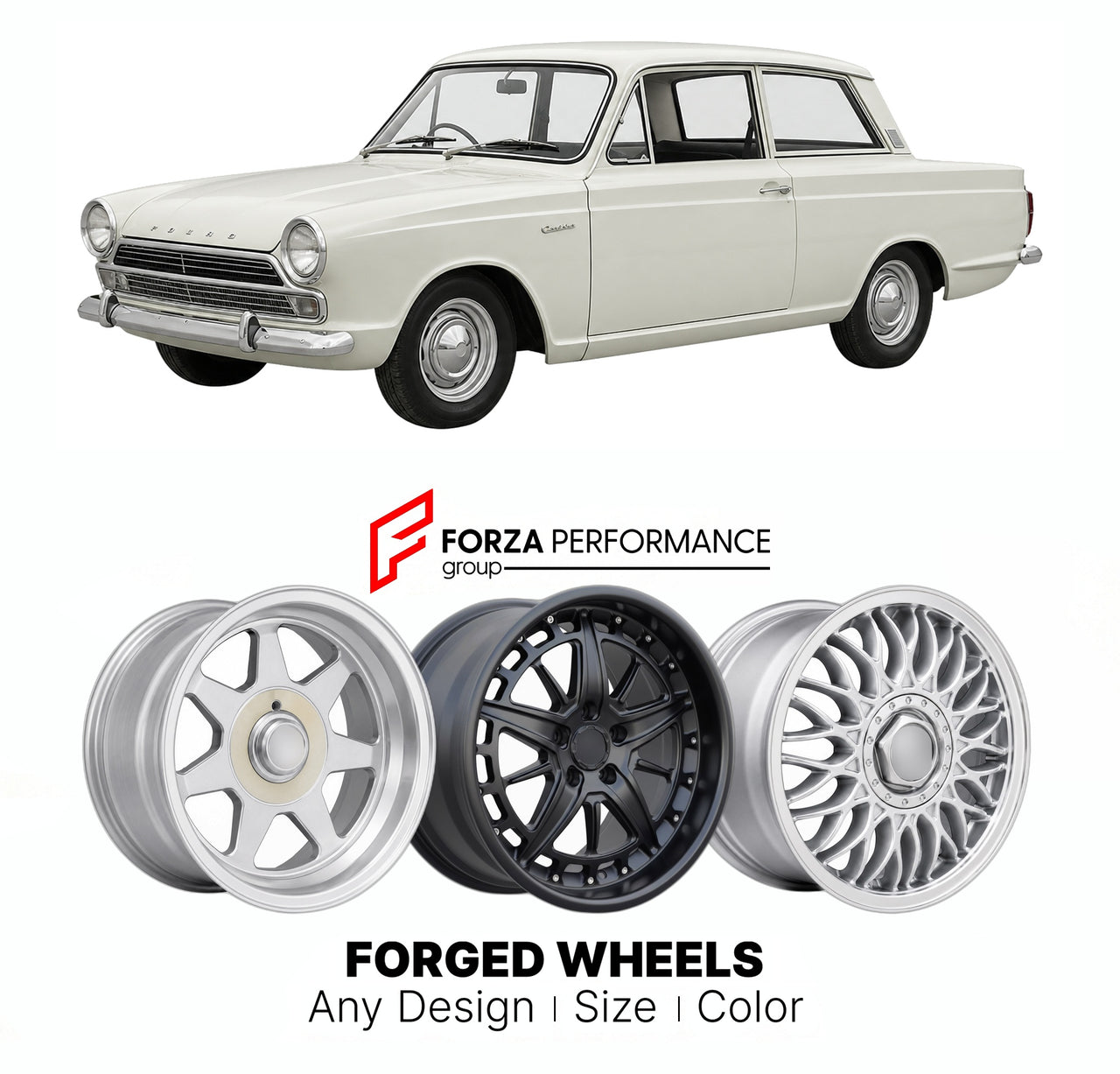 CUSTOM CLASSIC VINTAGE RESTOMOD RETRO OLD SCHOOL FORGED WHEELS RIMS for FORD EUROPE CORTINA MK 1 1962 - 1966

Custom forged wheels for Ford Europe Cortina MK 1 1962 - 1966. Classic, vintage, restomod wheel designs made to order in custom sizes, offsets, colors and finishes.

We manufacture premium quality forged wheels rims for Ford Europe Cortina MK 1 1962 - 1966 in any design, size, color.

THIS WHEEL DESIGN CAN BE CUSTOM-MADE FOR YOUR CAR IN ANY SIZE AND COLOR OPTIONS
Available in monoblock, 2-piece, 3-p