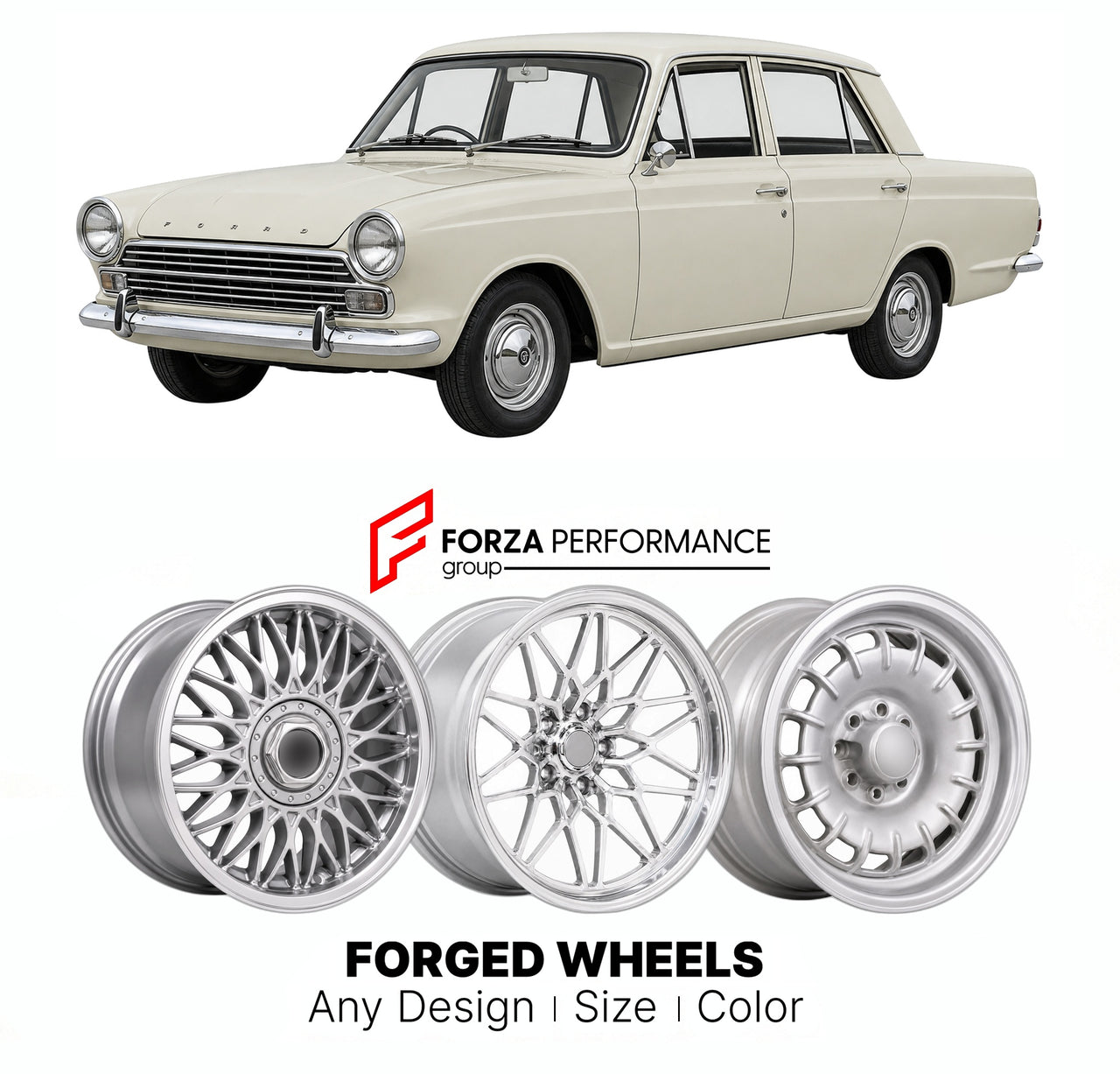 CUSTOM CLASSIC VINTAGE RESTOMOD RETRO OLD SCHOOL FORGED WHEELS RIMS for FORD EUROPE CORTINA MK 2 1966 - 1970

Custom forged wheels for Ford Europe Cortina MK 2 1966 - 1970. Classic, vintage, restomod wheel designs made to order in custom sizes, offsets, colors and finishes.

We manufacture premium quality forged wheels rims for Ford Europe Cortina MK 2 1966 - 1970 in any design, size, color.

THIS WHEEL DESIGN CAN BE CUSTOM-MADE FOR YOUR CAR IN ANY SIZE AND COLOR OPTIONS
Available in monoblock, 2-piece, 3-p