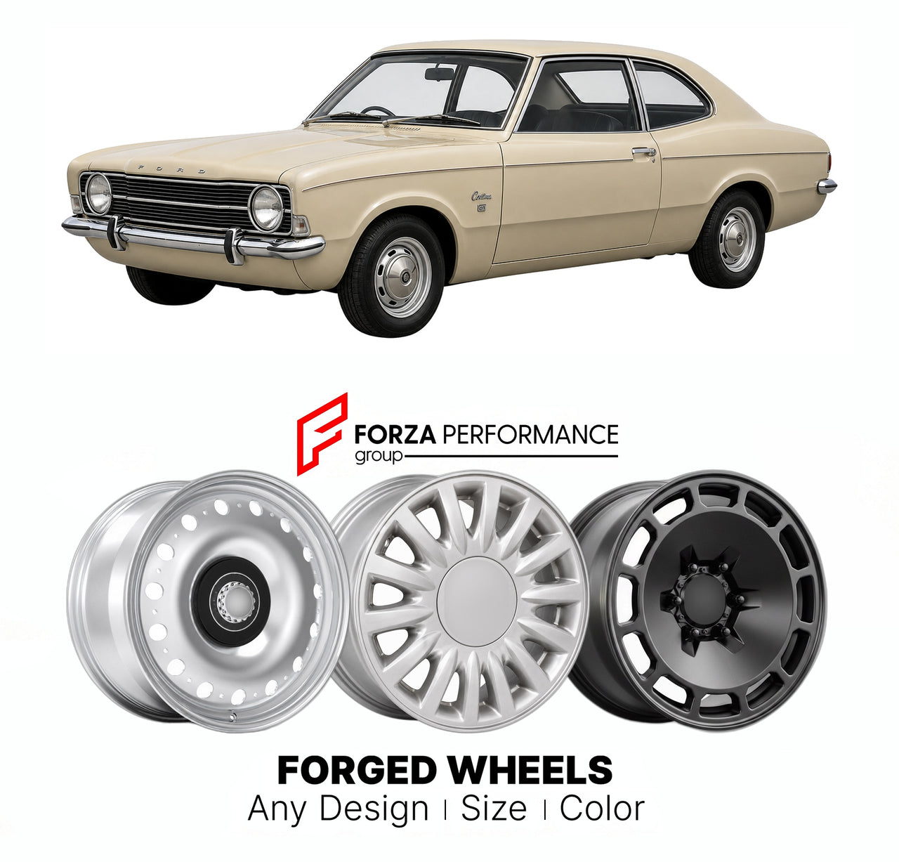 CUSTOM CLASSIC VINTAGE RESTOMOD RETRO OLD SCHOOL FORGED WHEELS RIMS for FORD EUROPE CORTINA MK 3 1970 - 1976

Custom forged wheels for Ford Europe Cortina MK 3 1970 - 1976. Classic, vintage, restomod wheel designs made to order in custom sizes, offsets, colors and finishes.

We manufacture premium quality forged wheels rims for Ford Europe Cortina MK 3 1970 - 1976 in any design, size, color.

THIS WHEEL DESIGN CAN BE CUSTOM-MADE FOR YOUR CAR IN ANY SIZE AND COLOR OPTIONS
Available in monoblock, 2-piece, 3-p