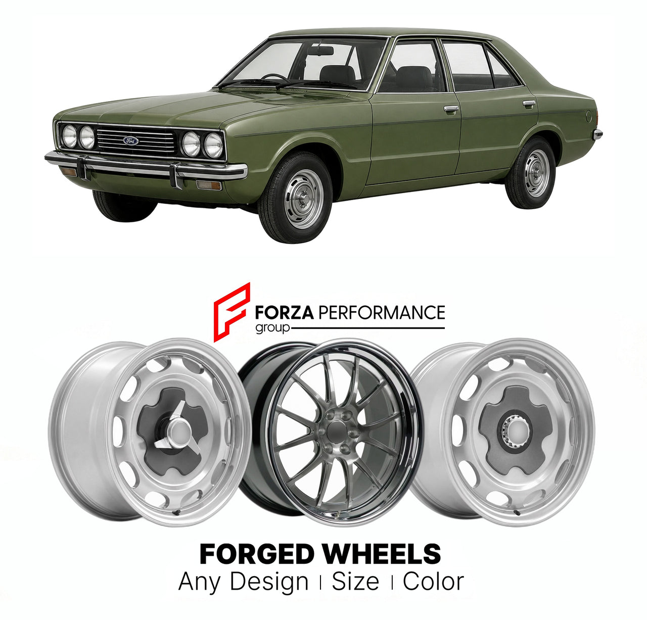 CUSTOM CLASSIC VINTAGE RESTOMOD RETRO OLD SCHOOL FORGED WHEELS RIMS for FORD EUROPE CORTINA MK 4 1976 - 1979

Custom forged wheels for Ford Europe Cortina MK 4 1976 - 1979. Classic, vintage, restomod wheel designs made to order in custom sizes, offsets, colors and finishes.

We manufacture premium quality forged wheels rims for Ford Europe Cortina MK 4 1976 - 1979 in any design, size, color.

THIS WHEEL DESIGN CAN BE CUSTOM-MADE FOR YOUR CAR IN ANY SIZE AND COLOR OPTIONS
Available in monoblock, 2-piece, 3-p