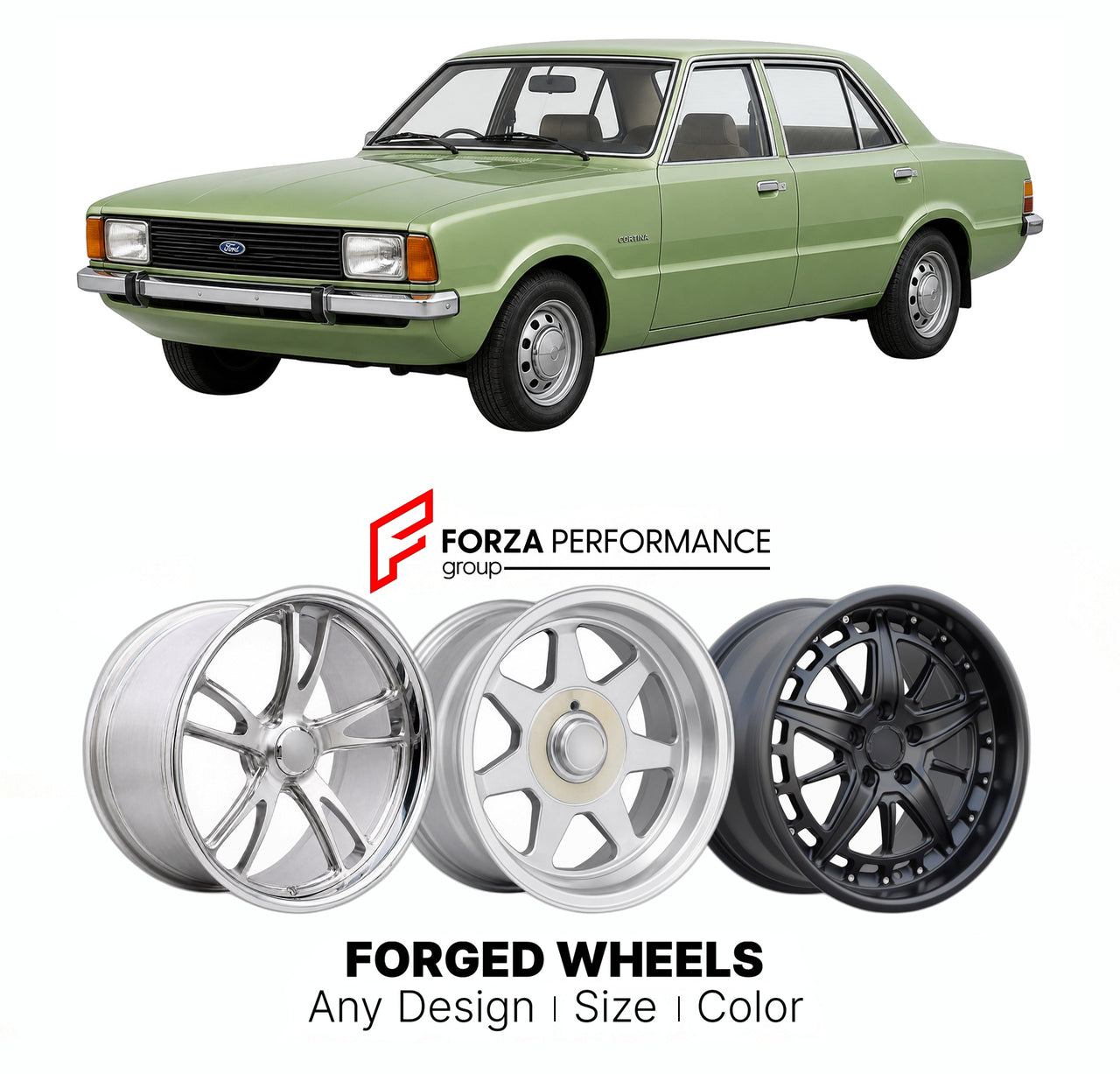 CUSTOM CLASSIC VINTAGE RESTOMOD RETRO OLD SCHOOL FORGED WHEELS RIMS for FORD EUROPE CORTINA MK 5 1979 - 1982

Custom forged wheels for Ford Europe Cortina MK 5 1979 - 1982. Classic, vintage, restomod wheel designs made to order in custom sizes, offsets, colors and finishes.

We manufacture premium quality forged wheels rims for Ford Europe Cortina MK 5 1979 - 1982 in any design, size, color.

THIS WHEEL DESIGN CAN BE CUSTOM-MADE FOR YOUR CAR IN ANY SIZE AND COLOR OPTIONS
Available in monoblock, 2-piece, 3-p