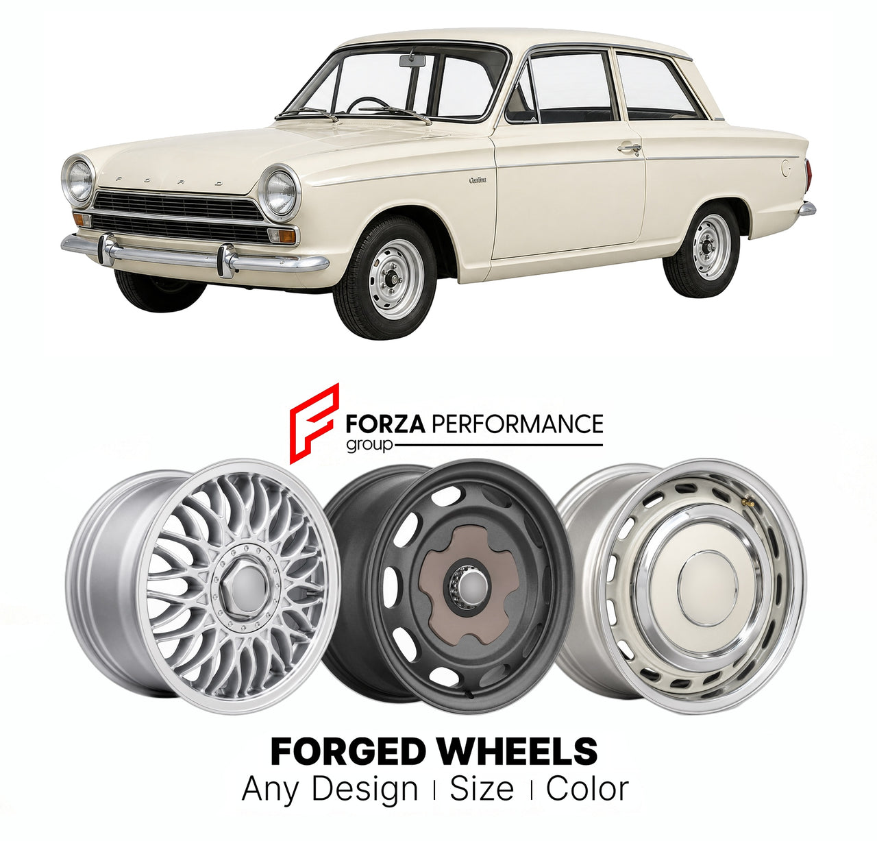CUSTOM CLASSIC VINTAGE RESTOMOD RETRO OLD SCHOOL FORGED WHEELS RIMS for FORD EUROPE CORTINA TAUNUS MK 1 1962 - 1966

Custom forged wheels for Ford Europe Cortina Taunus MK 1 1962 - 1966. Classic, vintage, restomod wheel designs made to order in custom sizes, offsets, colors and finishes.

We manufacture premium quality forged wheels rims for Ford Europe Cortina Taunus MK 1 1962 - 1966 in any design, size, color.

THIS WHEEL DESIGN CAN BE CUSTOM-MADE FOR YOUR CAR IN ANY SIZE AND COLOR OPTIONS
Available in mo