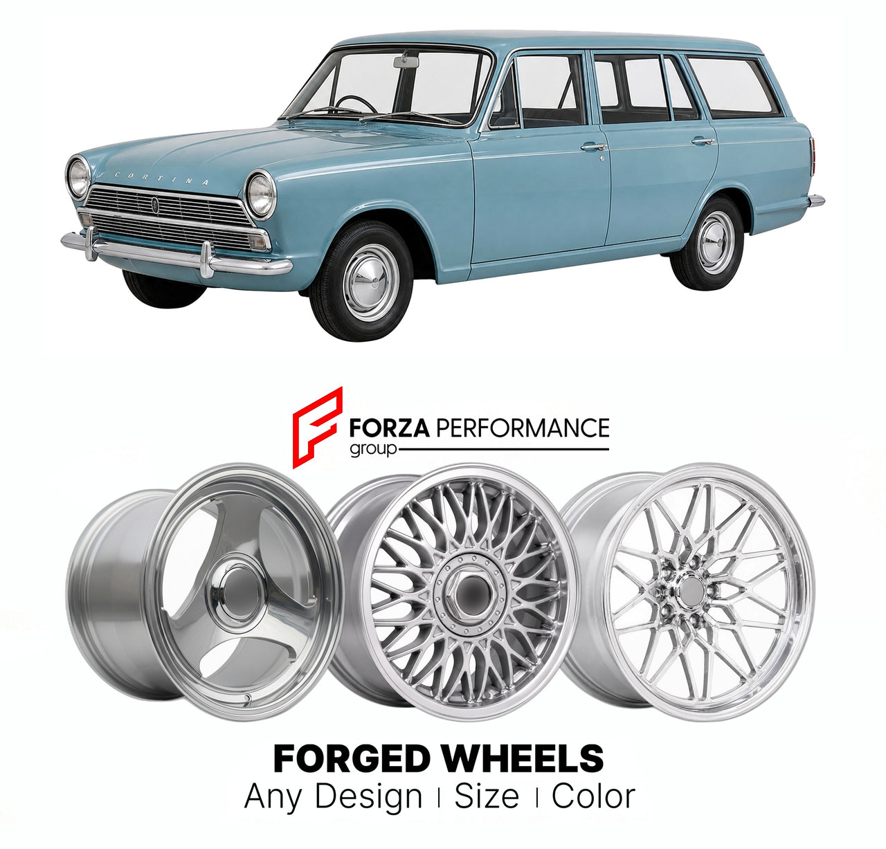 CUSTOM CLASSIC VINTAGE RESTOMOD RETRO OLD SCHOOL FORGED WHEELS RIMS for FORD EUROPE CORTINA TAUNUS MK 1 ESTATE 1963 - 1966

Custom forged wheels for Ford Europe Cortina Taunus MK 1 Estate 1963 - 1966. Classic, vintage, restomod wheel designs made to order in custom sizes, offsets, colors and finishes.

We manufacture premium quality forged wheels rims for Ford Europe Cortina Taunus MK 1 Estate 1963 - 1966 in any design, size, color.

THIS WHEEL DESIGN CAN BE CUSTOM-MADE FOR YOUR CAR IN ANY SIZE AND COLOR OP