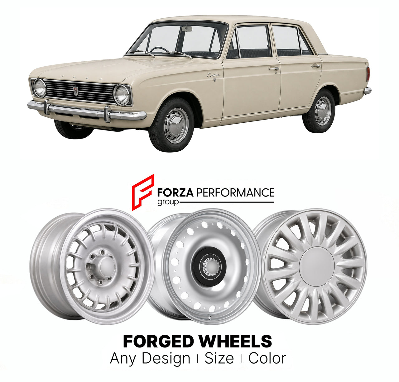 CUSTOM CLASSIC VINTAGE RESTOMOD RETRO OLD SCHOOL FORGED WHEELS RIMS for FORD EUROPE CORTINA TAUNUS MK 2 1966 - 1970

Custom forged wheels for Ford Europe Cortina Taunus MK 2 1966 - 1970. Classic, vintage, restomod wheel designs made to order in custom sizes, offsets, colors and finishes.

We manufacture premium quality forged wheels rims for Ford Europe Cortina Taunus MK 2 1966 - 1970 in any design, size, color.

THIS WHEEL DESIGN CAN BE CUSTOM-MADE FOR YOUR CAR IN ANY SIZE AND COLOR OPTIONS
Available in mo