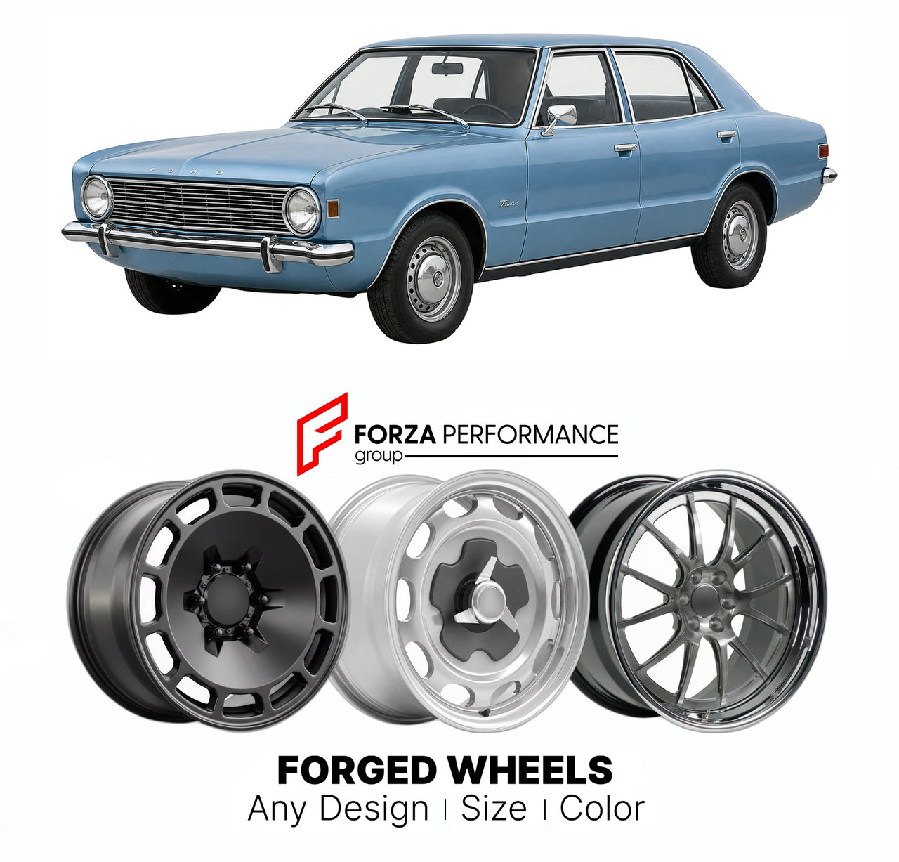 CUSTOM CLASSIC VINTAGE RESTOMOD RETRO OLD SCHOOL FORGED WHEELS RIMS for FORD EUROPE CORTINA TAUNUS MK 3 1970 - 1976

Custom forged wheels for Ford Europe Cortina Taunus MK 3 1970 - 1976. Classic, vintage, restomod wheel designs made to order in custom sizes, offsets, colors and finishes.

We manufacture premium quality forged wheels rims for Ford Europe Cortina Taunus MK 3 1970 - 1976 in any design, size, color.

THIS WHEEL DESIGN CAN BE CUSTOM-MADE FOR YOUR CAR IN ANY SIZE AND COLOR OPTIONS
Available in mo