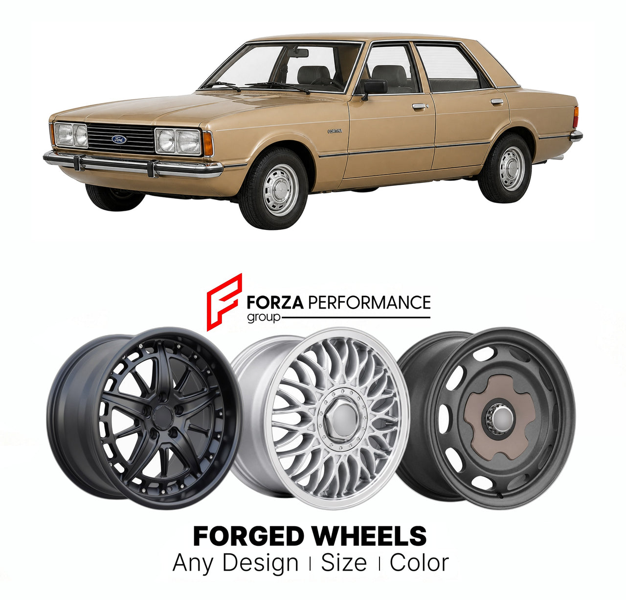 CUSTOM CLASSIC VINTAGE RESTOMOD RETRO OLD SCHOOL FORGED WHEELS RIMS for FORD EUROPE CORTINA TAUNUS MK 5 1979 - 1982

Custom forged wheels for Ford Europe Cortina Taunus MK 5 1979 - 1982. Classic, vintage, restomod wheel designs made to order in custom sizes, offsets, colors and finishes.

We manufacture premium quality forged wheels rims for Ford Europe Cortina Taunus MK 5 1979 - 1982 in any design, size, color.

THIS WHEEL DESIGN CAN BE CUSTOM-MADE FOR YOUR CAR IN ANY SIZE AND COLOR OPTIONS
Available in mo