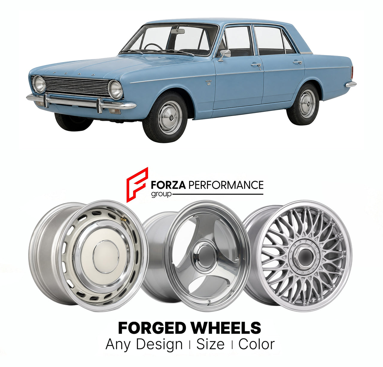 CUSTOM CLASSIC VINTAGE RESTOMOD RETRO OLD SCHOOL FORGED WHEELS RIMS for FORD EUROPE CORTINA TAUNUS TC1 1970 - 1975

Custom forged wheels for Ford Europe Cortina Taunus TC1 1970 - 1975. Classic, vintage, restomod wheel designs made to order in custom sizes, offsets, colors and finishes.

We manufacture premium quality forged wheels rims for Ford Europe Cortina Taunus TC1 1970 - 1975 in any design, size, color.

THIS WHEEL DESIGN CAN BE CUSTOM-MADE FOR YOUR CAR IN ANY SIZE AND COLOR OPTIONS
Available in monob