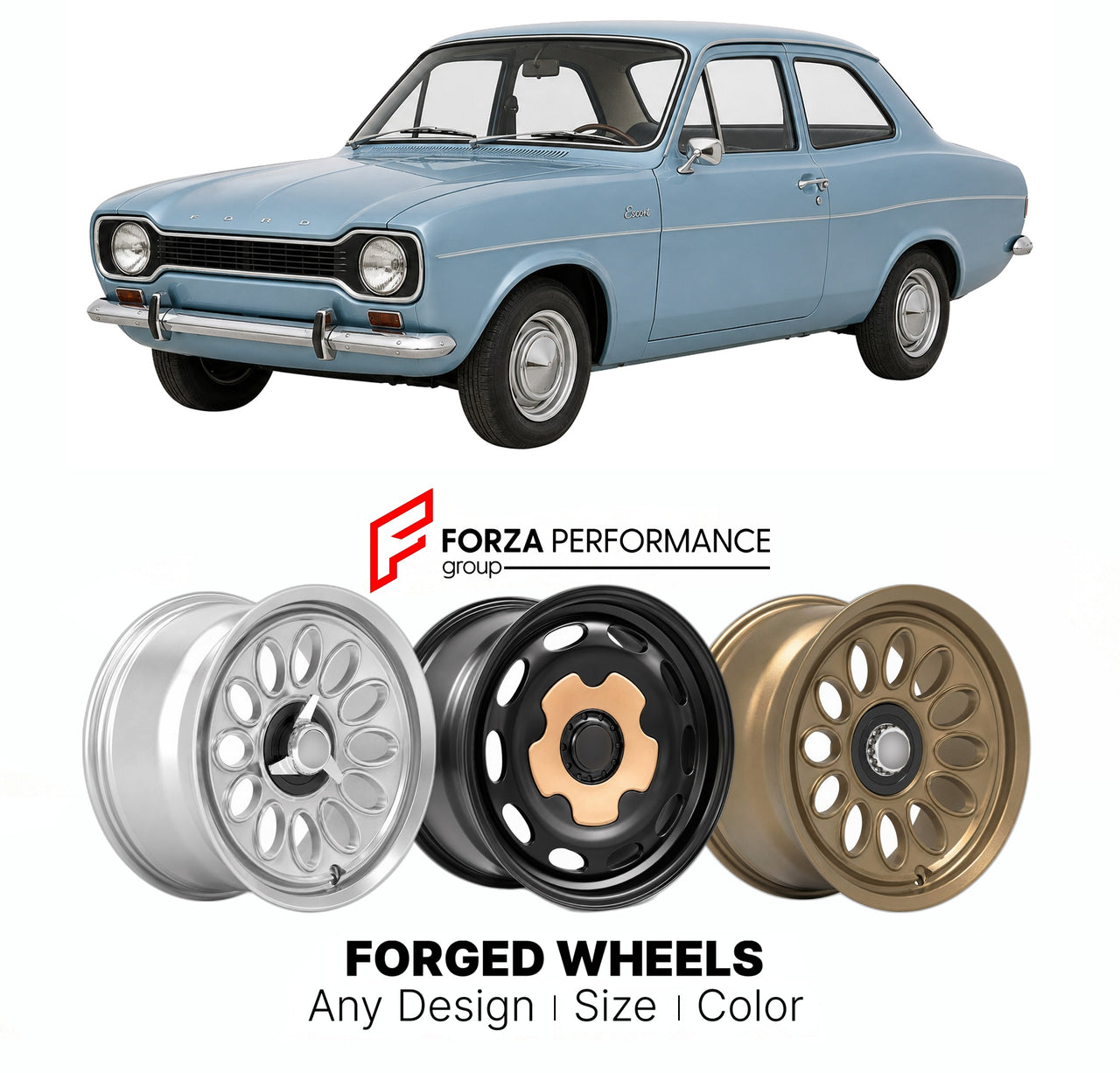 CUSTOM CLASSIC VINTAGE RESTOMOD RETRO OLD SCHOOL FORGED WHEELS RIMS for FORD EUROPE ESCORT MK 1 1968 - 1975

Custom forged wheels for Ford Europe Escort MK 1 1968 - 1975. Classic, vintage, restomod wheel designs made to order in custom sizes, offsets, colors and finishes.

We manufacture premium quality forged wheels rims for Ford Europe Escort MK 1 1968 - 1975 in any design, size, color.

THIS WHEEL DESIGN CAN BE CUSTOM-MADE FOR YOUR CAR IN ANY SIZE AND COLOR OPTIONS
Available in monoblock, 2-piece, 3-piec