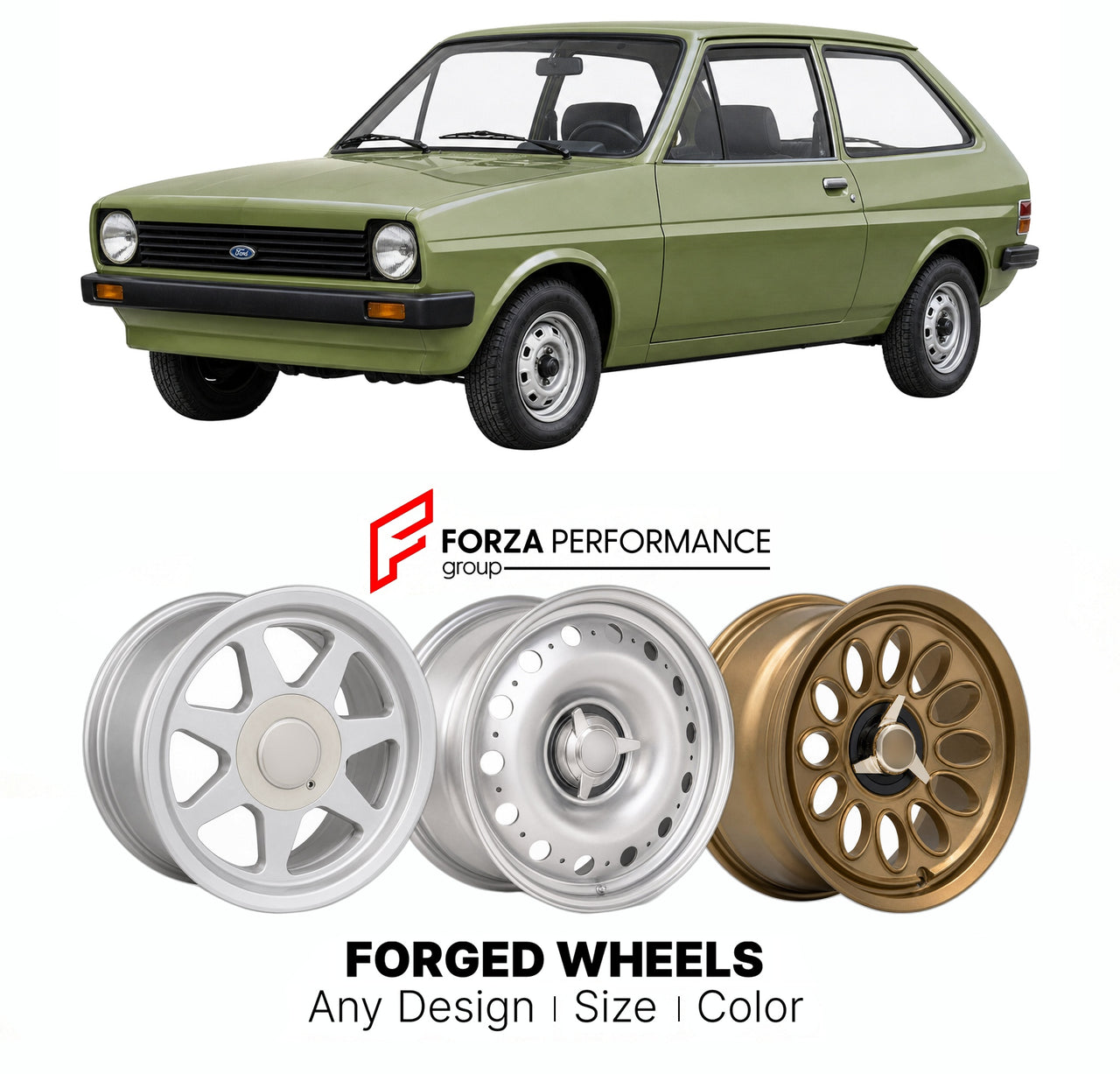 CUSTOM CLASSIC VINTAGE RESTOMOD RETRO OLD SCHOOL FORGED WHEELS RIMS for FORD EUROPE FIESTA MK 1 1976 - 1983

Custom forged wheels for Ford Europe Fiesta MK 1 1976 - 1983. Classic, vintage, restomod wheel designs made to order in custom sizes, offsets, colors and finishes.

We manufacture premium quality forged wheels rims for Ford Europe Fiesta MK 1 1976 - 1983 in any design, size, color.

THIS WHEEL DESIGN CAN BE CUSTOM-MADE FOR YOUR CAR IN ANY SIZE AND COLOR OPTIONS
Available in monoblock, 2-piece, 3-piec