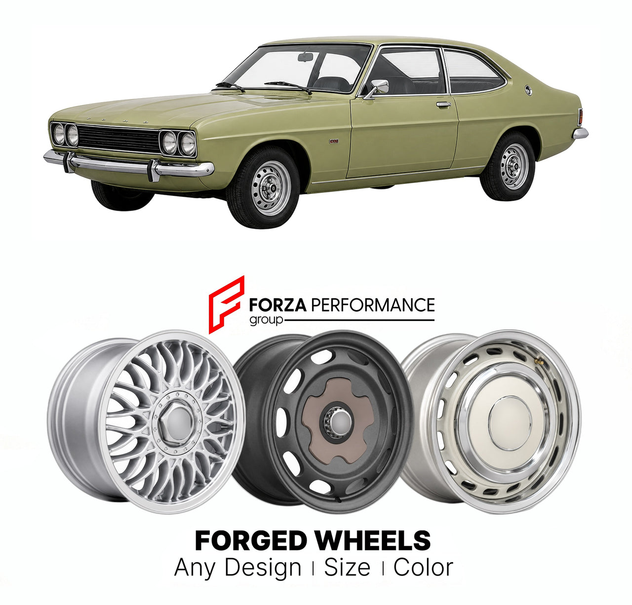 CUSTOM CLASSIC VINTAGE RESTOMOD RETRO OLD SCHOOL FORGED WHEELS RIMS for FORD EUROPE GRANADA COUPE MK 1 1972 - 1977

Custom forged wheels for Ford Europe Granada Coupe MK 1 1972 - 1977. Classic, vintage, restomod wheel designs made to order in custom sizes, offsets, colors and finishes.

We manufacture premium quality forged wheels rims for Ford Europe Granada Coupe MK 1 1972 - 1977 in any design, size, color.

THIS WHEEL DESIGN CAN BE CUSTOM-MADE FOR YOUR CAR IN ANY SIZE AND COLOR OPTIONS
Available in monob
