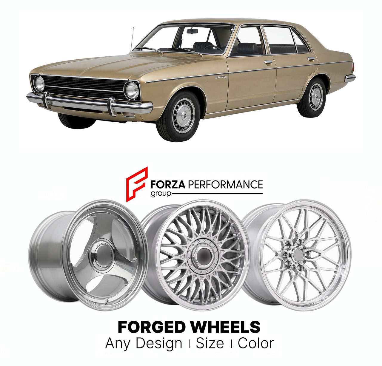 CUSTOM CLASSIC VINTAGE RESTOMOD RETRO OLD SCHOOL FORGED WHEELS RIMS for FORD EUROPE GRANADA MK 1 1972 - 1977

Custom forged wheels for Ford Europe Granada MK 1 1972 - 1977. Classic, vintage, restomod wheel designs made to order in custom sizes, offsets, colors and finishes.

We manufacture premium quality forged wheels rims for Ford Europe Granada MK 1 1972 - 1977 in any design, size, color.

THIS WHEEL DESIGN CAN BE CUSTOM-MADE FOR YOUR CAR IN ANY SIZE AND COLOR OPTIONS
Available in monoblock, 2-piece, 3-p