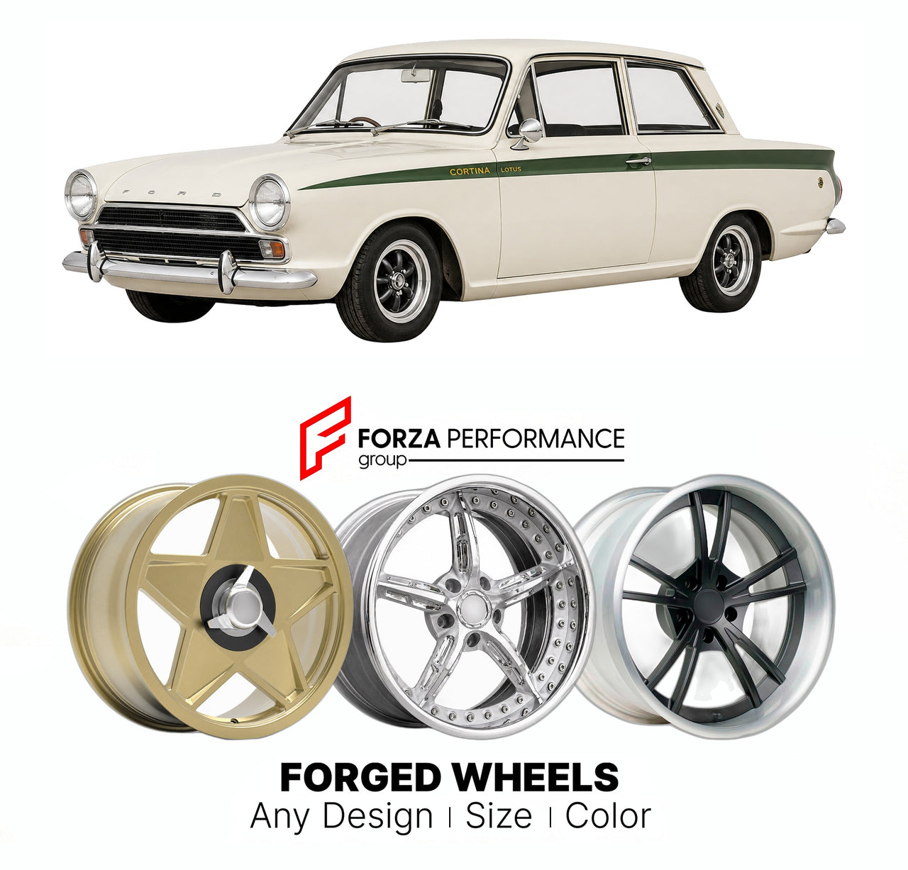 CUSTOM CLASSIC VINTAGE RESTOMOD RETRO OLD SCHOOL FORGED WHEELS RIMS for FORD EUROPE LOTUS CORTINA MK I 1963 - 1966

Custom forged wheels for Ford Europe Lotus Cortina MK I 1963 - 1966. Classic, vintage, restomod wheel designs made to order in custom sizes, offsets, colors and finishes.

We manufacture premium quality forged wheels rims for Ford Europe Lotus Cortina MK I 1963 - 1966 in any design, size, color.

THIS WHEEL DESIGN CAN BE CUSTOM-MADE FOR YOUR CAR IN ANY SIZE AND COLOR OPTIONS
Available in monob