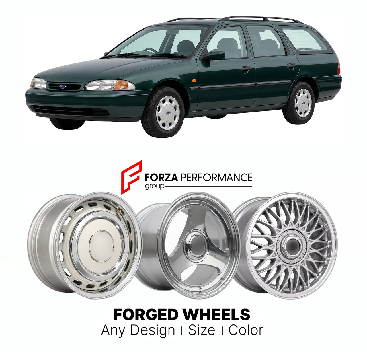 CUSTOM CLASSIC VINTAGE RESTOMOD RETRO OLD SCHOOL FORGED WHEELS RIMS for FORD EUROPE MONDEO MK 1 1993 - 2000

Custom forged wheels for Ford Europe Mondeo MK 1 1993 - 2000. Classic, vintage, restomod wheel designs made to order in custom sizes, offsets, colors and finishes.

We manufacture premium quality forged wheels rims for Ford Europe Mondeo MK 1 1993 - 2000 in any design, size, color.

THIS WHEEL DESIGN CAN BE CUSTOM-MADE FOR YOUR CAR IN ANY SIZE AND COLOR OPTIONS
Available in monoblock, 2-piece, 3-piec