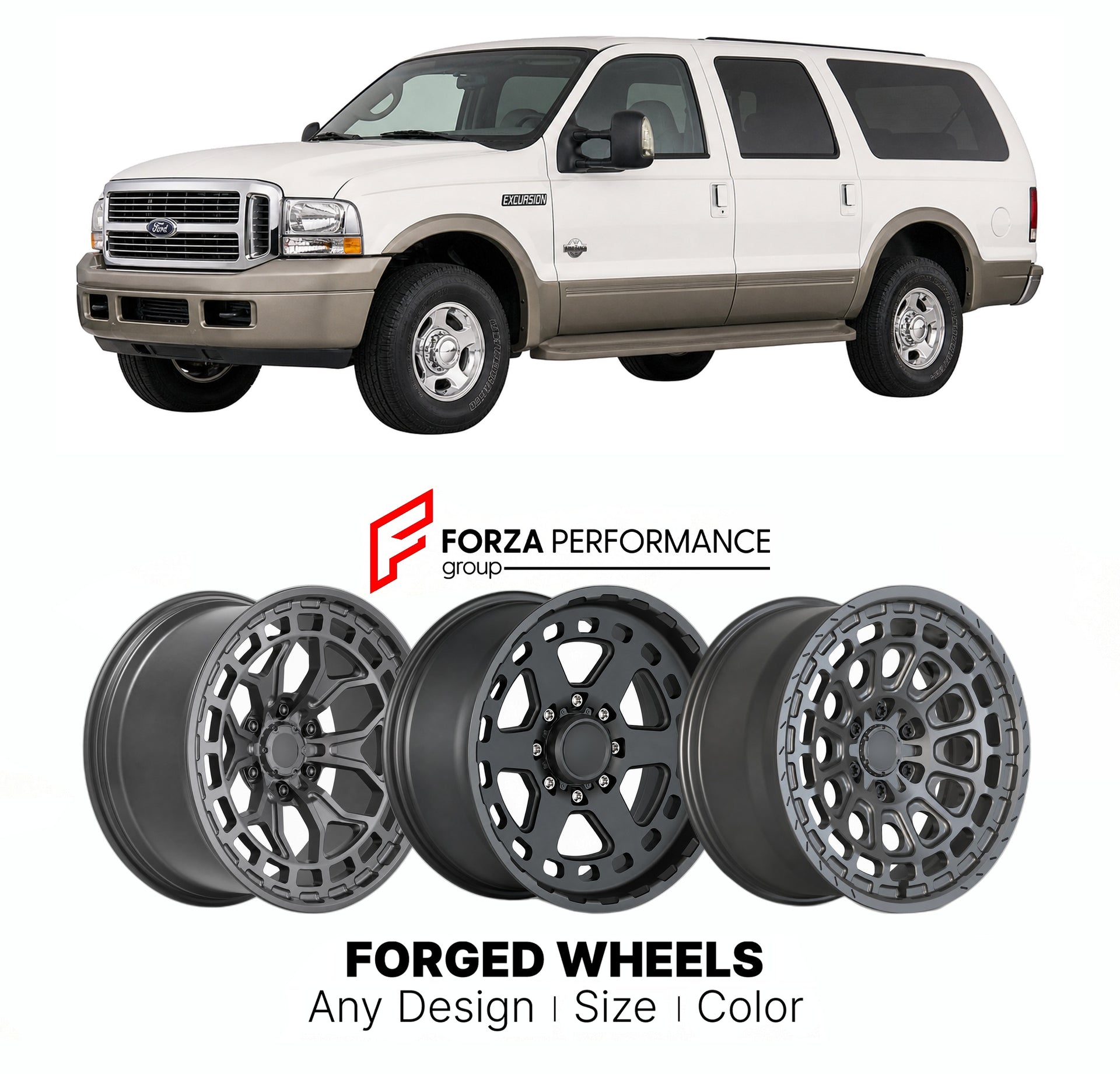 FORGED WHEELS RIMS for FORD EXCURSION KING RANCH CONVERSION 2000 - 2005

Custom forged wheels for Ford Excursion King Ranch Conversion 2000 - 2005. Made-to-order monoblock, 2-piece and 3-piece rims in custom sizes, offsets, colors and finishes with guaranteed fitment.

We manufacture premium quality forged wheels rims for Ford Excursion King Ranch Conversion 2000 - 2005 in any design, size, color.

THIS WHEEL DESIGN CAN BE CUSTOM-MADE FOR YOUR CAR IN ANY SIZE AND COLOR OPTIONS
Available in monoblock, 2-piec