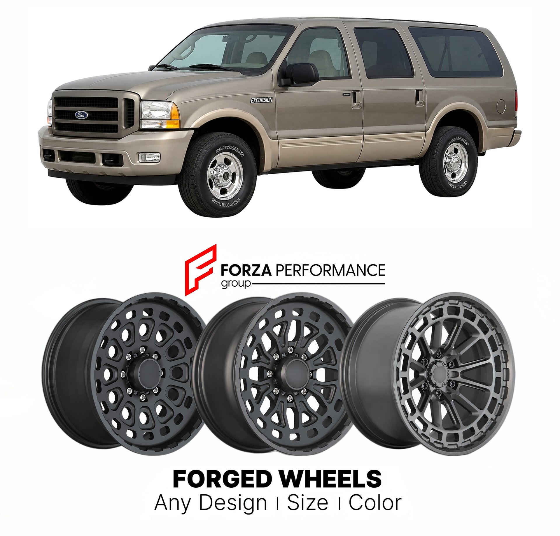 FORGED WHEELS RIMS for FORD EXCURSION LIMITED 2000 - 2005

Custom forged wheels for Ford Excursion Limited 2000 - 2005. Made-to-order monoblock, 2-piece and 3-piece rims in custom sizes, offsets, colors and finishes with guaranteed fitment.

We manufacture premium quality forged wheels rims for Ford Excursion Limited 2000 - 2005 in any design, size, color.

THIS WHEEL DESIGN CAN BE CUSTOM-MADE FOR YOUR CAR IN ANY SIZE AND COLOR OPTIONS
Available in monoblock, 2-piece, 3-piece, duoblock, beadlock
3D wheel re