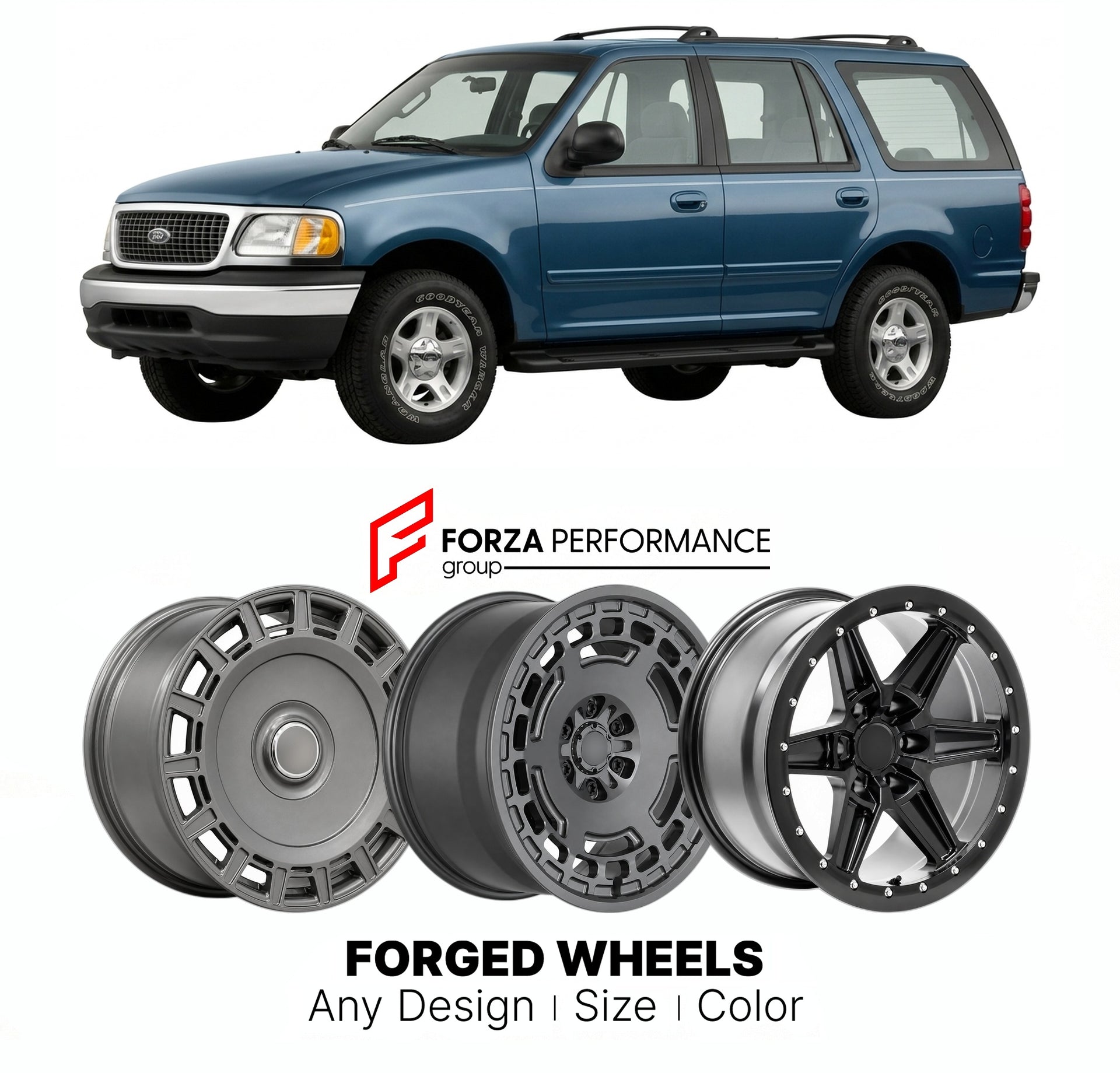 FORGED WHEELS RIMS for FORD EXPEDITION 1997 - 2002

Custom forged wheels for Ford Expedition 1997 - 2002. Made-to-order monoblock, 2-piece and 3-piece rims in custom sizes, offsets, colors and finishes with guaranteed fitment.

We manufacture premium quality forged wheels rims for Ford Expedition 1997 - 2002 in any design, size, color.

THIS WHEEL DESIGN CAN BE CUSTOM-MADE FOR YOUR CAR IN ANY SIZE AND COLOR OPTIONS
Available in monoblock, 2-piece, 3-piece, duoblock, beadlock
3D wheel renderings are provided