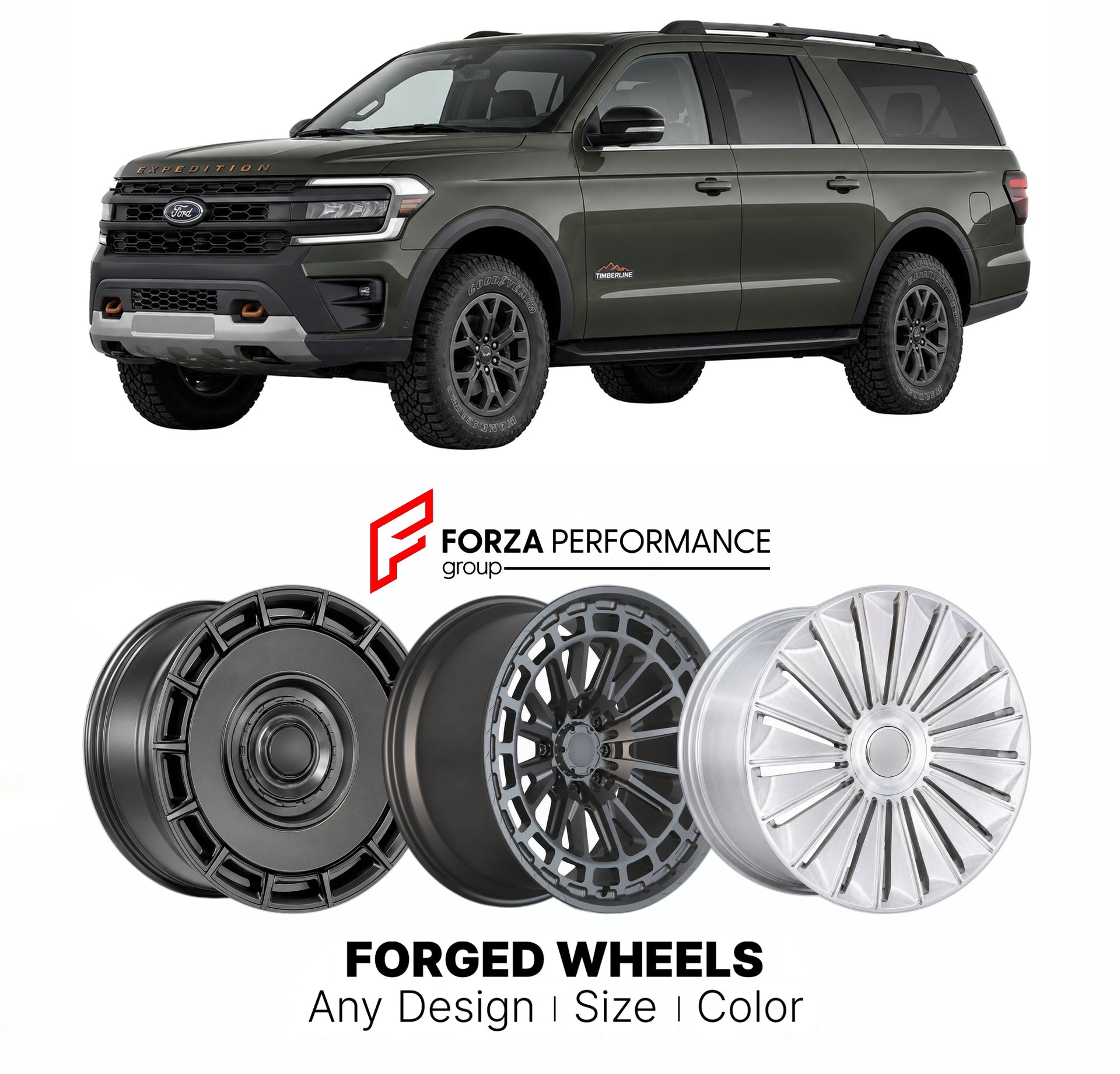 FORGED WHEELS RIMS for FORD EXPEDITION TIMBERLINE 1997+

Custom forged wheels for Ford Expedition Timberline 1997+. Made-to-order monoblock, 2-piece and 3-piece rims in custom sizes, offsets, colors and finishes with guaranteed fitment.

We manufacture premium quality forged wheels rims for Ford Expedition Timberline 1997+ in any design, size, color.

THIS WHEEL DESIGN CAN BE CUSTOM-MADE FOR YOUR CAR IN ANY SIZE AND COLOR OPTIONS
Available in monoblock, 2-piece, 3-piece, duoblock, beadlock
3D wheel renderin