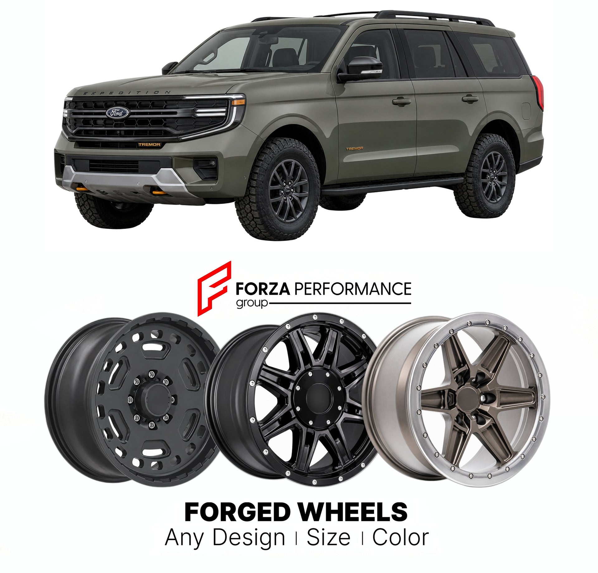 FORGED WHEELS RIMS for FORD EXPEDITION TREMOR 2025+

Custom forged wheels for Ford Expedition Tremor 2025+. Made-to-order monoblock, 2-piece and 3-piece rims in custom sizes, offsets, colors and finishes with guaranteed fitment.

We manufacture premium quality forged wheels rims for Ford Expedition Tremor 2025+ in any design, size, color.

THIS WHEEL DESIGN CAN BE CUSTOM-MADE FOR YOUR CAR IN ANY SIZE AND COLOR OPTIONS
Available in monoblock, 2-piece, 3-piece, duoblock, beadlock
3D wheel renderings are provi