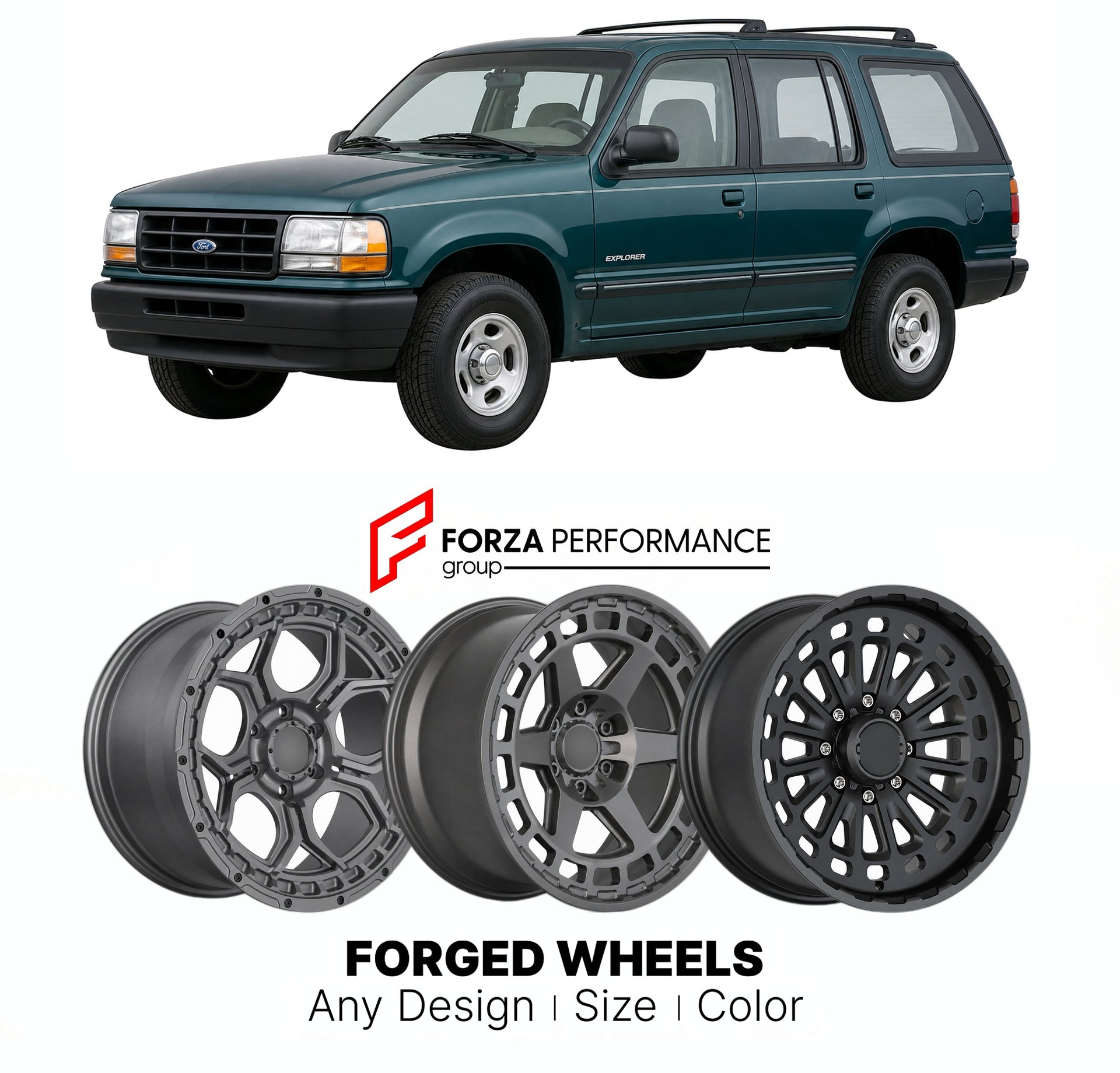 FORGED WHEELS RIMS for FORD EXPLORER 1995 - 2001

Custom forged wheels for Ford Explorer 1995 - 2001. Made-to-order monoblock, 2-piece and 3-piece rims in custom sizes, offsets, colors and finishes with guaranteed fitment.

We manufacture premium quality forged wheels rims for Ford Explorer 1995 - 2001 in any design, size, color.

THIS WHEEL DESIGN CAN BE CUSTOM-MADE FOR YOUR CAR IN ANY SIZE AND COLOR OPTIONS
Available in monoblock, 2-piece, 3-piece, duoblock, beadlock
3D wheel renderings are provided accor