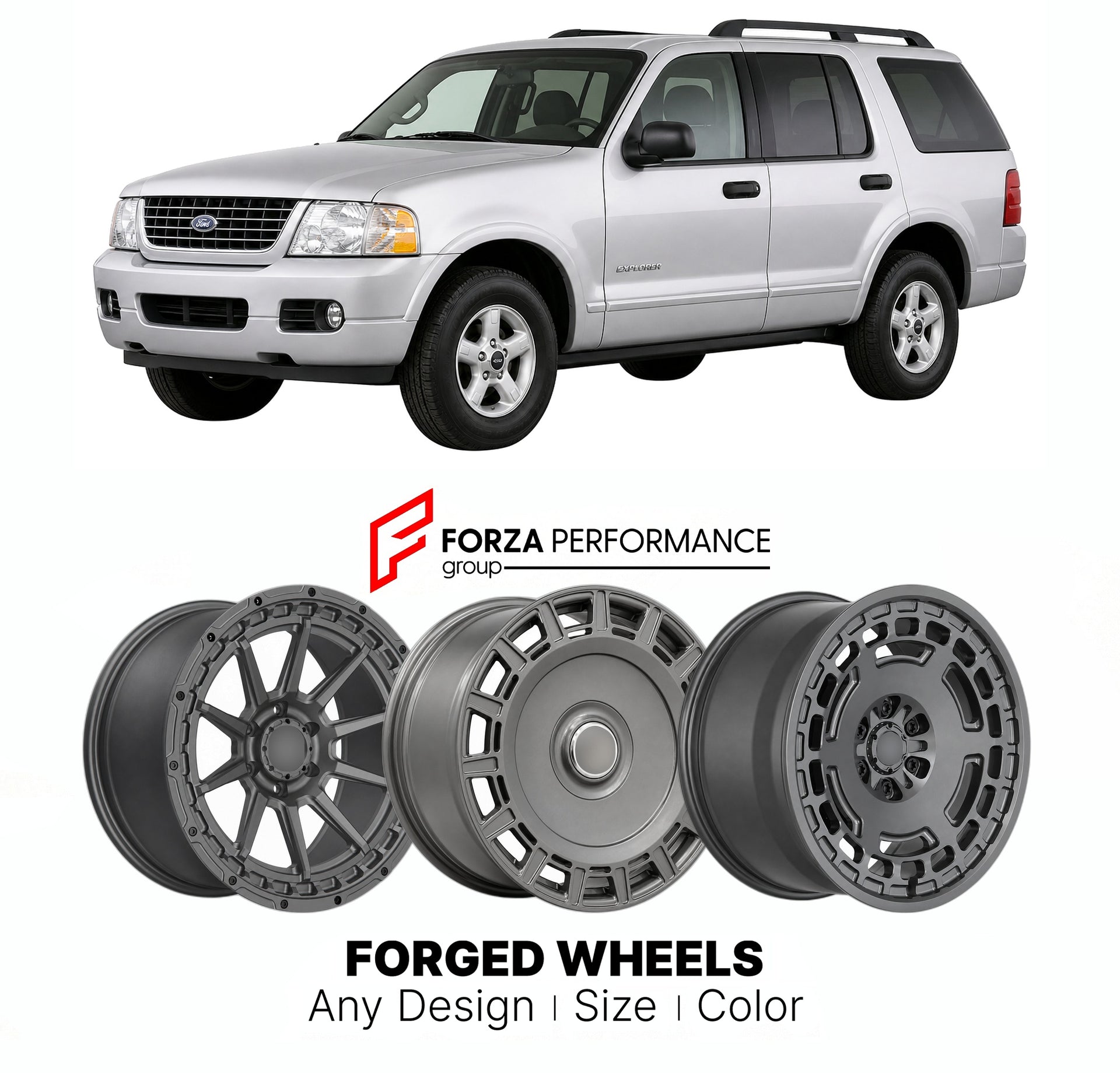 FORGED WHEELS RIMS for FORD EXPLORER 2002 - 2005

Custom forged wheels for Ford Explorer 2002 - 2005. Made-to-order monoblock, 2-piece and 3-piece rims in custom sizes, offsets, colors and finishes with guaranteed fitment.

We manufacture premium quality forged wheels rims for Ford Explorer 2002 - 2005 in any design, size, color.

THIS WHEEL DESIGN CAN BE CUSTOM-MADE FOR YOUR CAR IN ANY SIZE AND COLOR OPTIONS
Available in monoblock, 2-piece, 3-piece, duoblock, beadlock
3D wheel renderings are provided accor