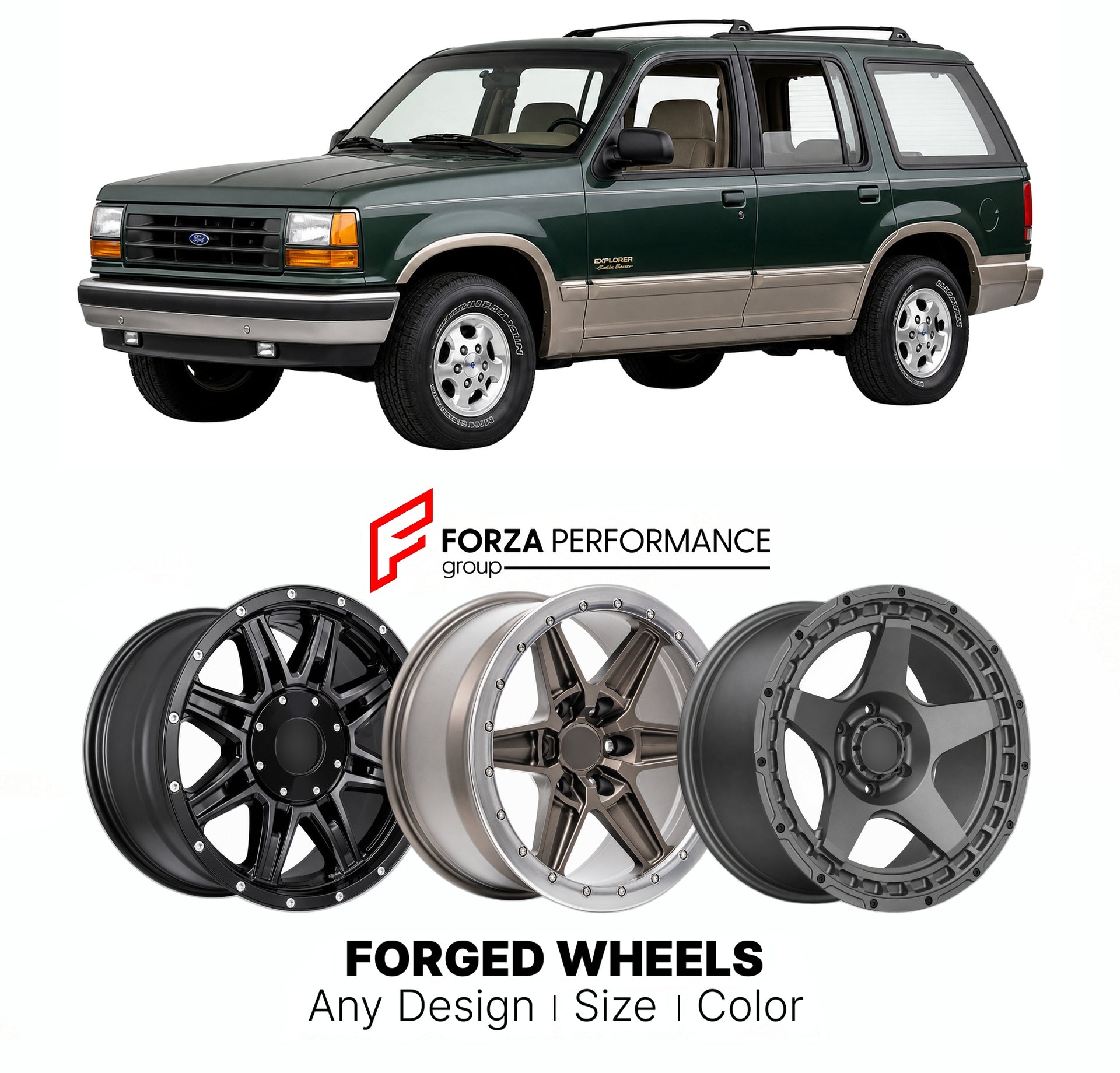 FORGED WHEELS RIMS for FORD EXPLORER EDDIE BAUER 1991 - 2001

Custom forged wheels for Ford Explorer Eddie Bauer 1991 - 2001. Made-to-order monoblock, 2-piece and 3-piece rims in custom sizes, offsets, colors and finishes with guaranteed fitment.

We manufacture premium quality forged wheels rims for Ford Explorer Eddie Bauer 1991 - 2001 in any design, size, color.

THIS WHEEL DESIGN CAN BE CUSTOM-MADE FOR YOUR CAR IN ANY SIZE AND COLOR OPTIONS
Available in monoblock, 2-piece, 3-piece, duoblock, beadlock
3D