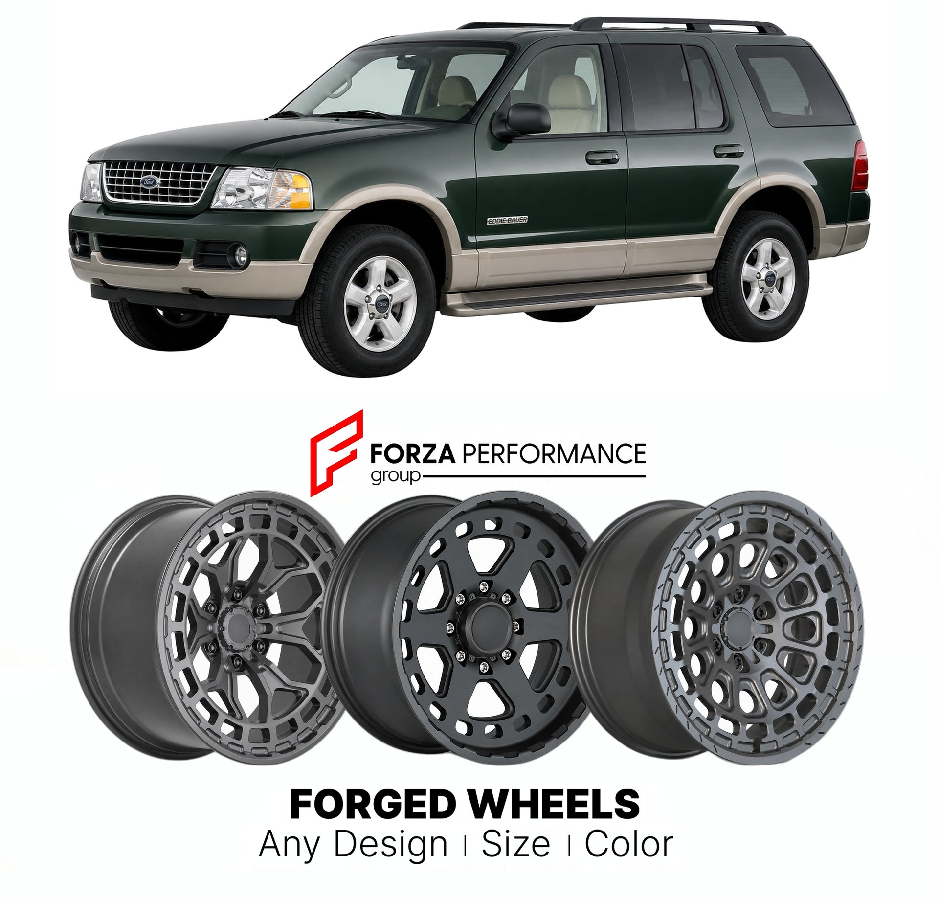 FORGED WHEELS RIMS for FORD EXPLORER EDDIE BAUER 2002 - 2019

Custom forged wheels for Ford Explorer Eddie Bauer 2002 - 2019. Made-to-order monoblock, 2-piece and 3-piece rims in custom sizes, offsets, colors and finishes with guaranteed fitment.

We manufacture premium quality forged wheels rims for Ford Explorer Eddie Bauer 2002 - 2019 in any design, size, color.

THIS WHEEL DESIGN CAN BE CUSTOM-MADE FOR YOUR CAR IN ANY SIZE AND COLOR OPTIONS
Available in monoblock, 2-piece, 3-piece, duoblock, beadlock
3D