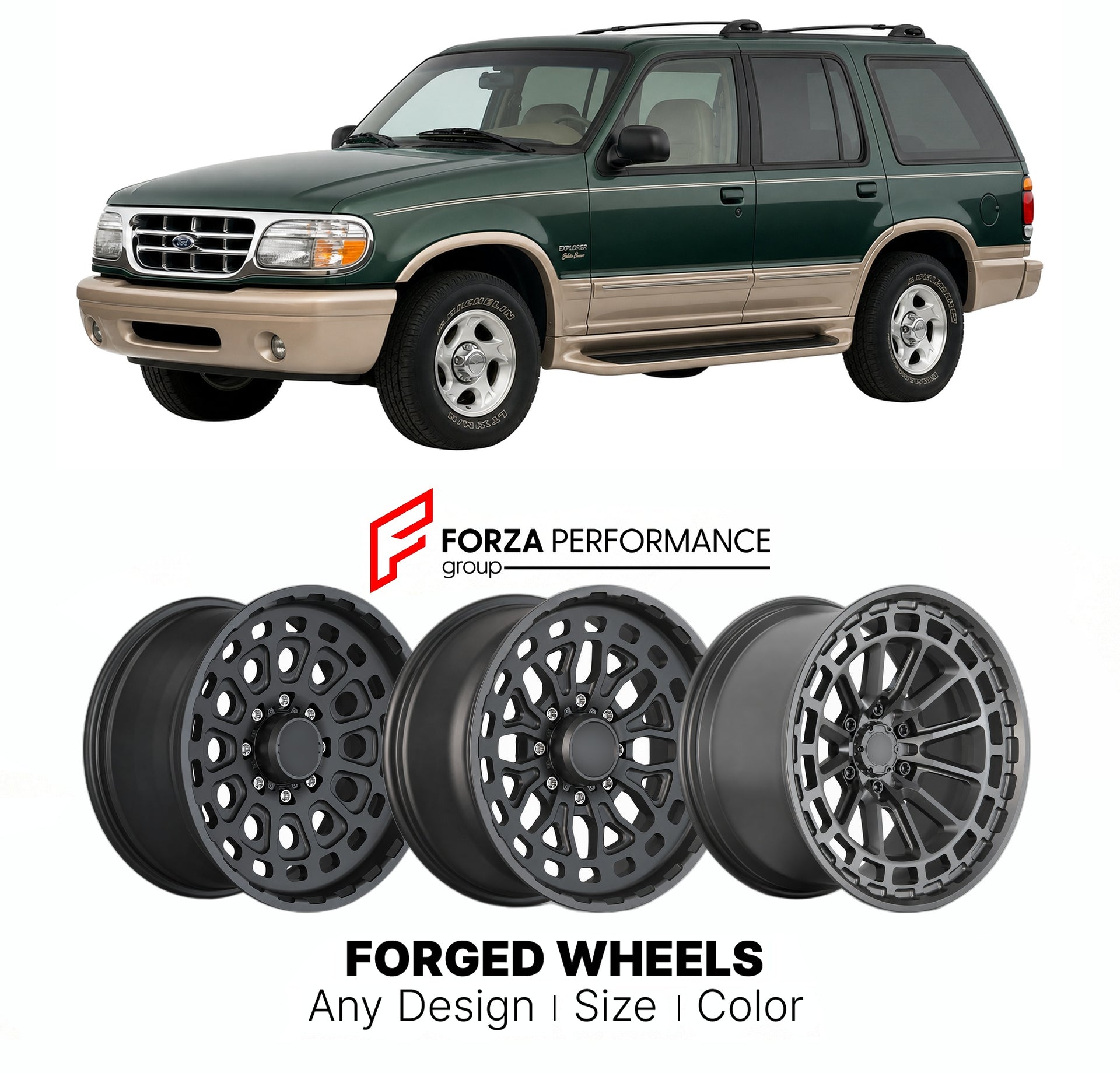 FORGED WHEELS RIMS for FORD EXPLORER EDDIE BAUER LUXURY OFF-ROAD TRIM 1993 - 2010

Custom forged wheels for Ford Explorer Eddie Bauer Luxury Off-Road Trim 1993 - 2010. Made-to-order monoblock, 2-piece and 3-piece rims in custom sizes, offsets, colors and finishes with guaranteed fitment.

We manufacture premium quality forged wheels rims for Ford Explorer Eddie Bauer Luxury Off-Road Trim 1993 - 2010 in any design, size, color.

THIS WHEEL DESIGN CAN BE CUSTOM-MADE FOR YOUR CAR IN ANY SIZE AND COLOR OPTIONS
