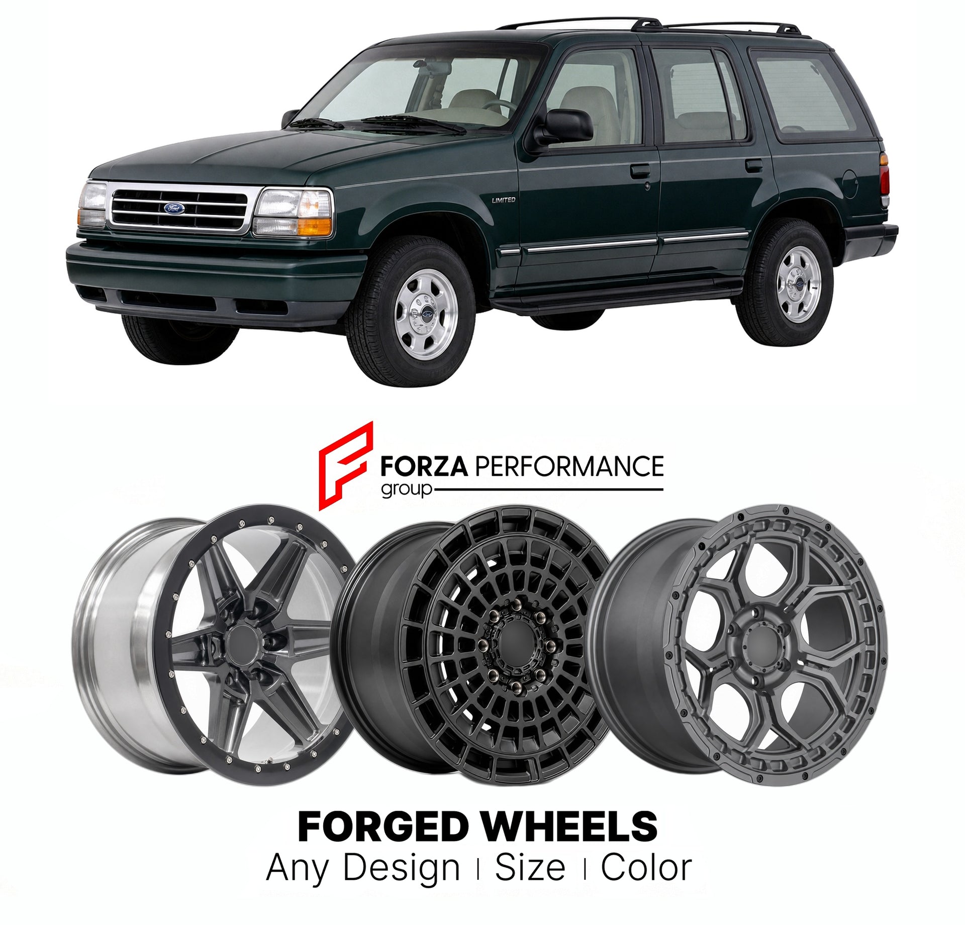 FORGED WHEELS RIMS for FORD EXPLORER LIMITED 1991 - 2001

Custom forged wheels for Ford Explorer Limited 1991 - 2001. Made-to-order monoblock, 2-piece and 3-piece rims in custom sizes, offsets, colors and finishes with guaranteed fitment.

We manufacture premium quality forged wheels rims for Ford Explorer Limited 1991 - 2001 in any design, size, color.

THIS WHEEL DESIGN CAN BE CUSTOM-MADE FOR YOUR CAR IN ANY SIZE AND COLOR OPTIONS
Available in monoblock, 2-piece, 3-piece, duoblock, beadlock
3D wheel rende