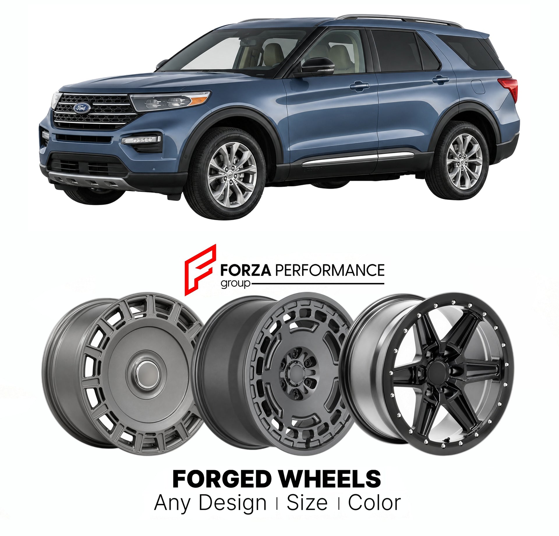 FORGED WHEELS RIMS for FORD EXPLORER LIMITED 2020+

Custom forged wheels for Ford Explorer Limited 2020+. Made-to-order monoblock, 2-piece and 3-piece rims in custom sizes, offsets, colors and finishes with guaranteed fitment.

We manufacture premium quality forged wheels rims for Ford Explorer Limited 2020+ in any design, size, color.

THIS WHEEL DESIGN CAN BE CUSTOM-MADE FOR YOUR CAR IN ANY SIZE AND COLOR OPTIONS
Available in monoblock, 2-piece, 3-piece, duoblock, beadlock
3D wheel renderings are provided