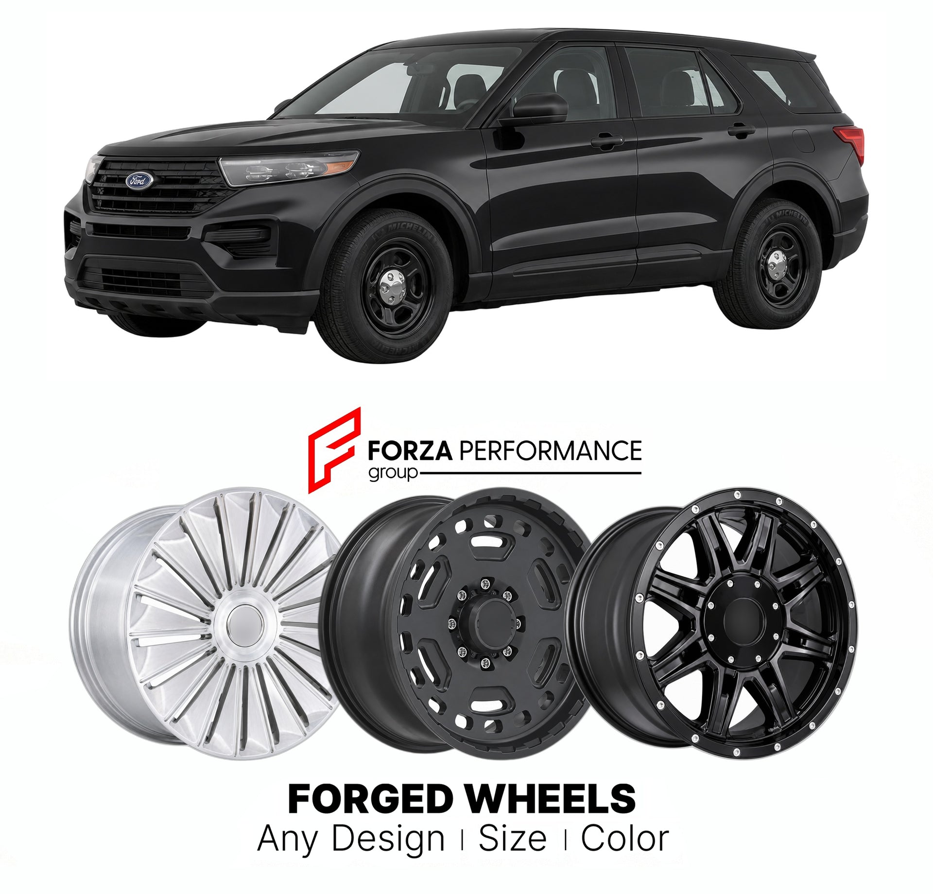 FORGED WHEELS RIMS for FORD EXPLORER POLICE INTERCEPTOR UTILITY 2020+

Custom forged wheels for Ford Explorer Police Interceptor Utility 2020+. Made-to-order monoblock, 2-piece and 3-piece rims in custom sizes, offsets, colors and finishes with guaranteed fitment.

We manufacture premium quality forged wheels rims for Ford Explorer Police Interceptor Utility 2020+ in any design, size, color.

THIS WHEEL DESIGN CAN BE CUSTOM-MADE FOR YOUR CAR IN ANY SIZE AND COLOR OPTIONS
Available in monoblock, 2-piece, 3-p