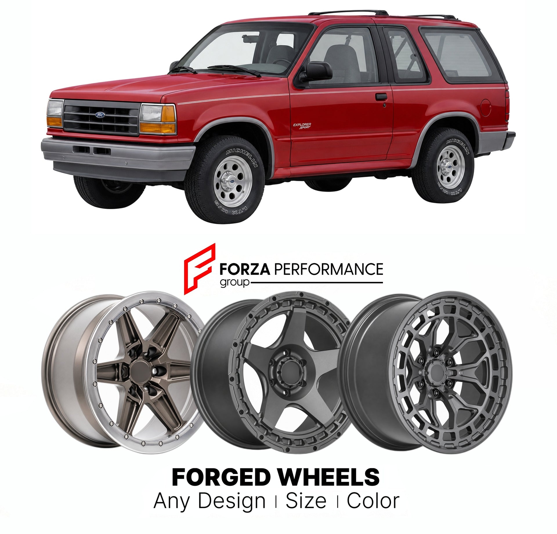FORGED WHEELS RIMS for FORD EXPLORER SPORT 1991 - 2001

Custom forged wheels for Ford Explorer Sport 1991 - 2001. Made-to-order monoblock, 2-piece and 3-piece rims in custom sizes, offsets, colors and finishes with guaranteed fitment.

We manufacture premium quality forged wheels rims for Ford Explorer Sport 1991 - 2001 in any design, size, color.

THIS WHEEL DESIGN CAN BE CUSTOM-MADE FOR YOUR CAR IN ANY SIZE AND COLOR OPTIONS
Available in monoblock, 2-piece, 3-piece, duoblock, beadlock
3D wheel renderings 