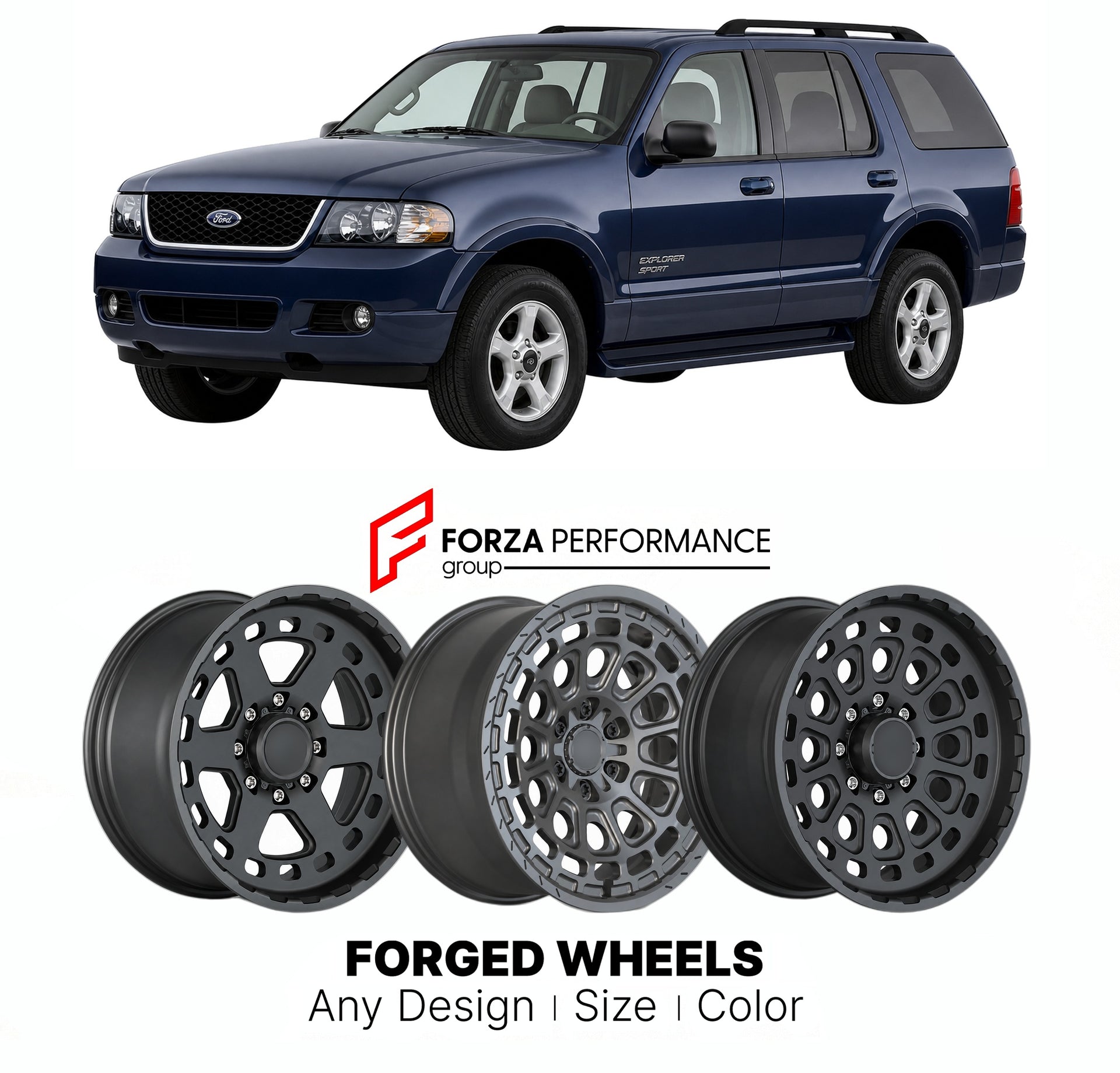FORGED WHEELS RIMS for FORD EXPLORER SPORT 2002 - 2019

Custom forged wheels for Ford Explorer Sport 2002 - 2019. Made-to-order monoblock, 2-piece and 3-piece rims in custom sizes, offsets, colors and finishes with guaranteed fitment.

We manufacture premium quality forged wheels rims for Ford Explorer Sport 2002 - 2019 in any design, size, color.

THIS WHEEL DESIGN CAN BE CUSTOM-MADE FOR YOUR CAR IN ANY SIZE AND COLOR OPTIONS
Available in monoblock, 2-piece, 3-piece, duoblock, beadlock
3D wheel renderings 