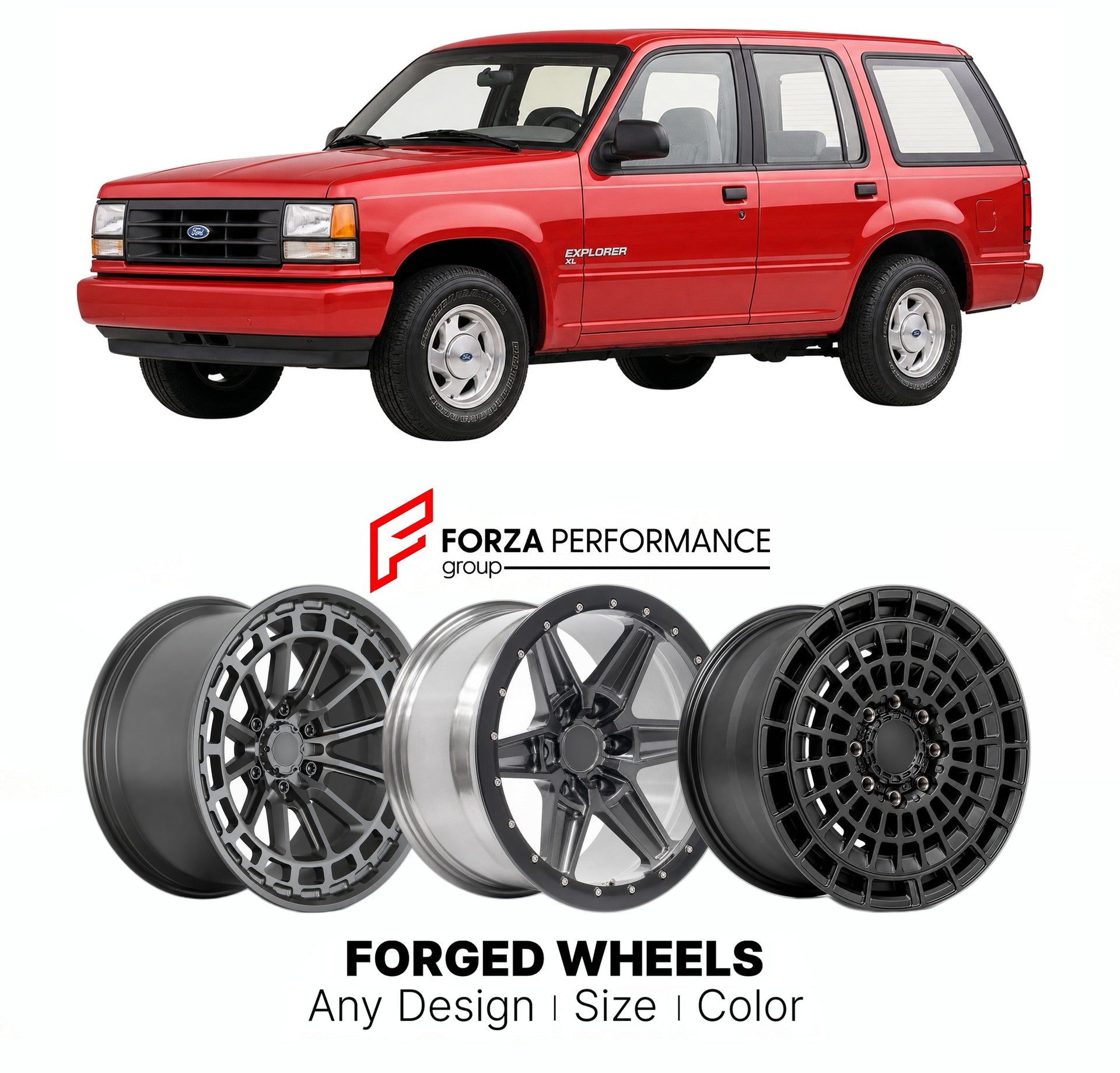 FORGED WHEELS RIMS for FORD EXPLORER XL 1991 - 2001

Custom forged wheels for Ford Explorer XL 1991 - 2001. Made-to-order monoblock, 2-piece and 3-piece rims in custom sizes, offsets, colors and finishes with guaranteed fitment.

We manufacture premium quality forged wheels rims for Ford Explorer XL 1991 - 2001 in any design, size, color.

THIS WHEEL DESIGN CAN BE CUSTOM-MADE FOR YOUR CAR IN ANY SIZE AND COLOR OPTIONS
Available in monoblock, 2-piece, 3-piece, duoblock, beadlock
3D wheel renderings are provi