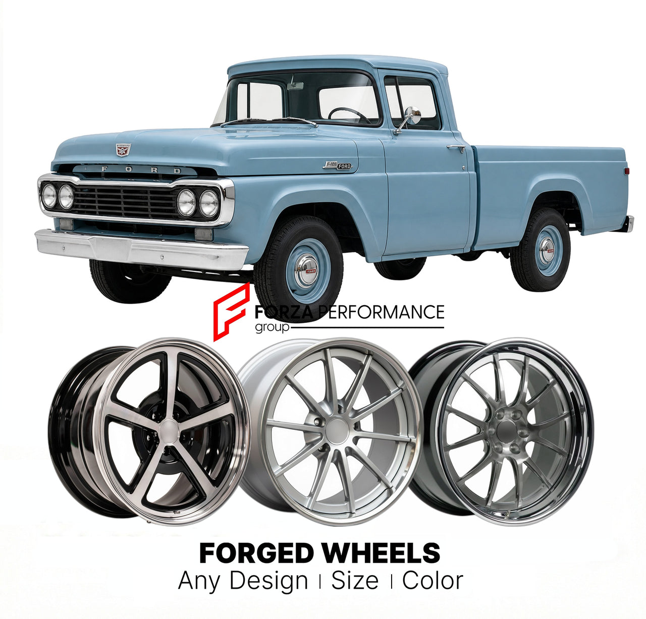 CUSTOM CLASSIC VINTAGE RESTOMOD RETRO OLD SCHOOL FORGED WHEELS RIMS for FORD F-100 1959 - 1960
Custom forged wheels for classic American muscle cars. Ideal for restomod builds, vintage restorations, and show cars. Deep dish and retro styling available.

We manufacture premium quality forged wheels rims for Ford F-100 1959 - 1960 in any design, size, color.

THIS WHEEL DESIGN CAN BE CUSTOM-MADE FOR YOUR CAR IN ANY SIZE AND COLOR OPTIONS
Available in monoblock, 2-piece, 3-piece, duoblock, beadlock
3D wheel re