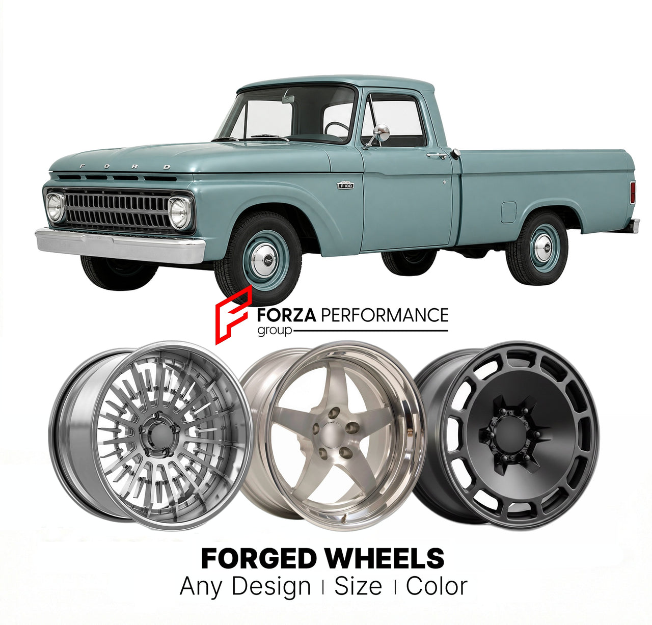 CUSTOM CLASSIC VINTAGE RESTOMOD RETRO OLD SCHOOL FORGED WHEELS RIMS for FORD F-100 1961 - 1966
Custom forged wheels for classic American muscle cars. Ideal for restomod builds, vintage restorations, and show cars. Deep dish and retro styling available.

We manufacture premium quality forged wheels rims for Ford F-100 1961 - 1966 in any design, size, color.

THIS WHEEL DESIGN CAN BE CUSTOM-MADE FOR YOUR CAR IN ANY SIZE AND COLOR OPTIONS
Available in monoblock, 2-piece, 3-piece, duoblock, beadlock
3D wheel re